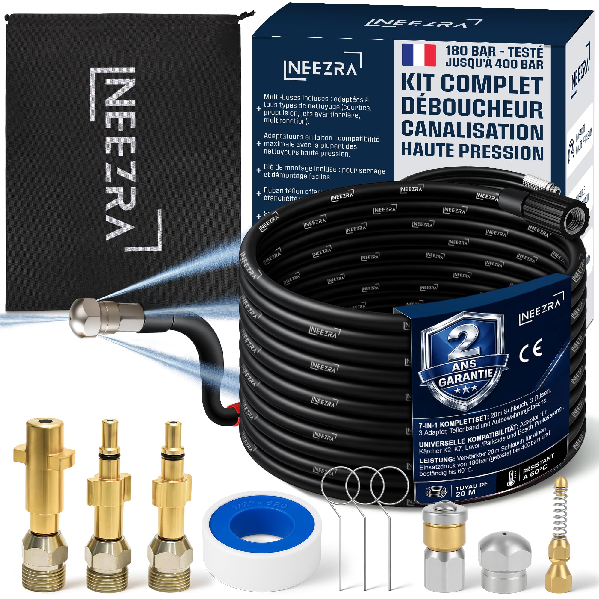 Kit 7-en-1 Desatascador de tuberías de alta presión 20 m – hurón Karcher con 3 boquillas giratorias, perforantes y resorte, 3 adaptadores de latón Karcher/Lavor/Bosch, cinta de teflón, 400 bar
