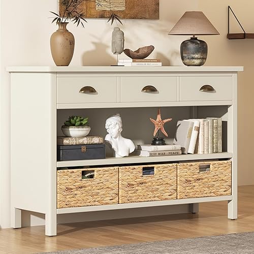 Miniatura 13 de Knocbel Mesa consola larga con 3 cajones de almacenamiento y estantes abiertos de doble fondo, mesas de sofá de madera para entrada, pasillo,