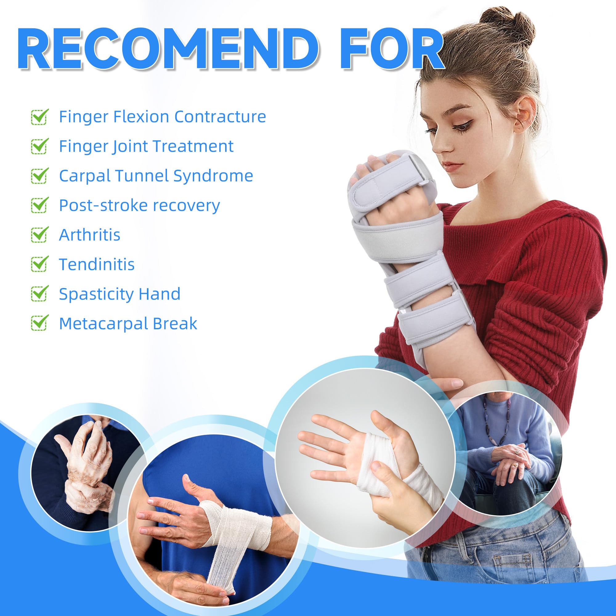 Fanwer Schlaganfall-Ruhende-Handgelenkbandage - Nachtimmobilisierende Handgelenk-Finger-Schiene für Beugekontrakturen, Funktionaler 5-Finger-Stabilisator-Umwickler (Rechts, Klein)