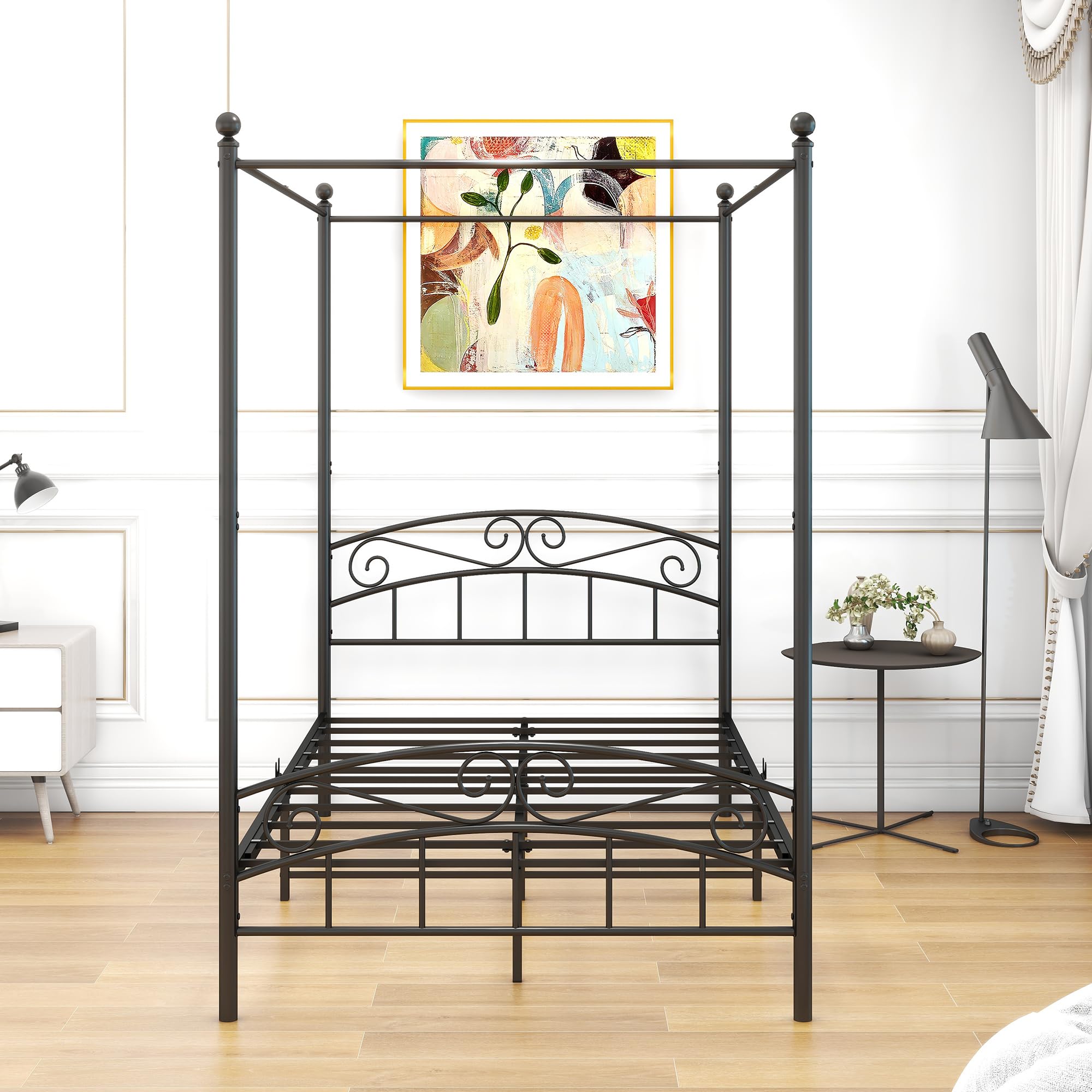 Letto a Baldacchino Matrimoniale in Metallo, per Camera da Letto, 120 x 200 cm, Colore Nero