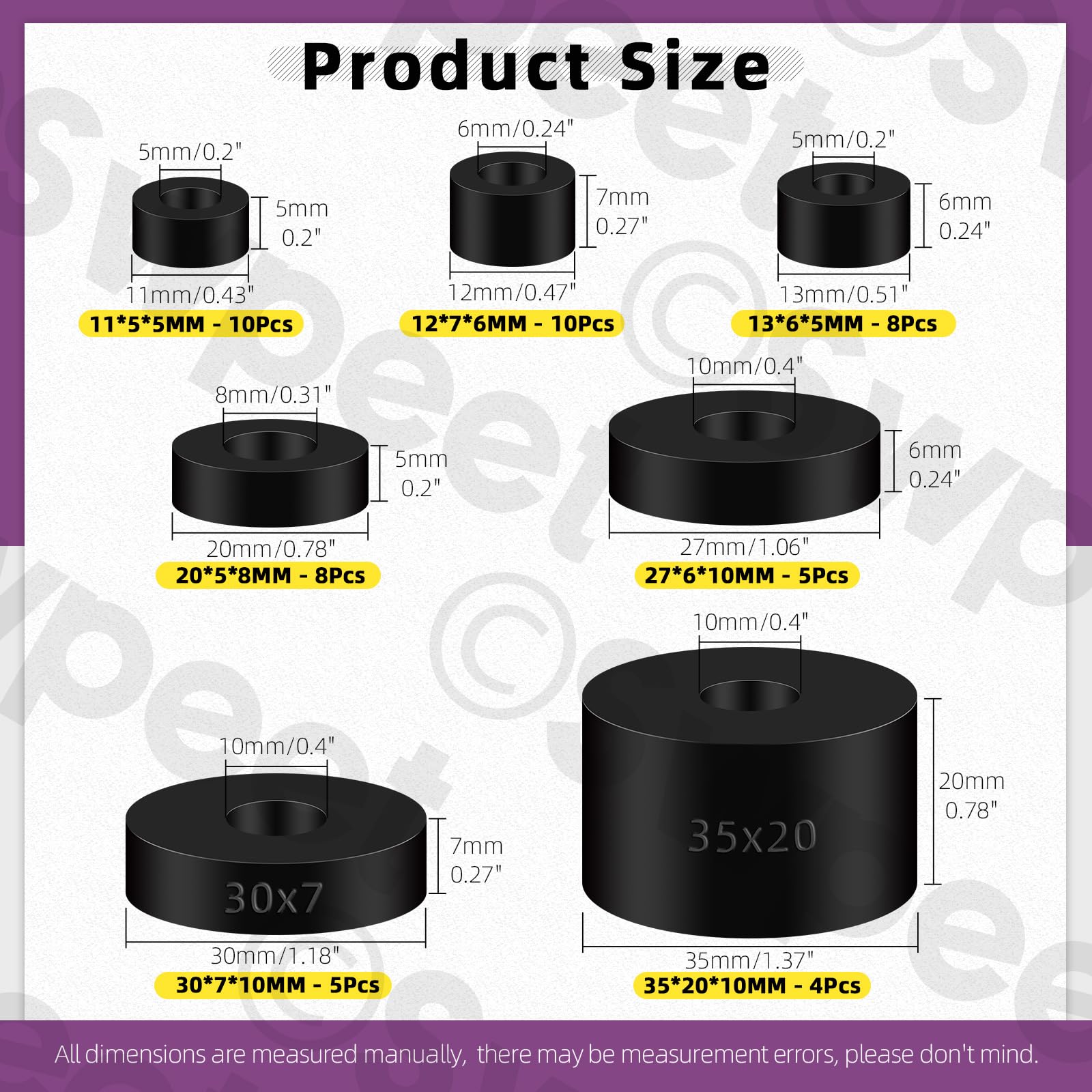 Swpeet 50Pcs 7 Sizes Round Rubber Spacer Assortment Kit, 5/6/8/10mm Anti Vibration Black Rubber Washers Kit - Image 2