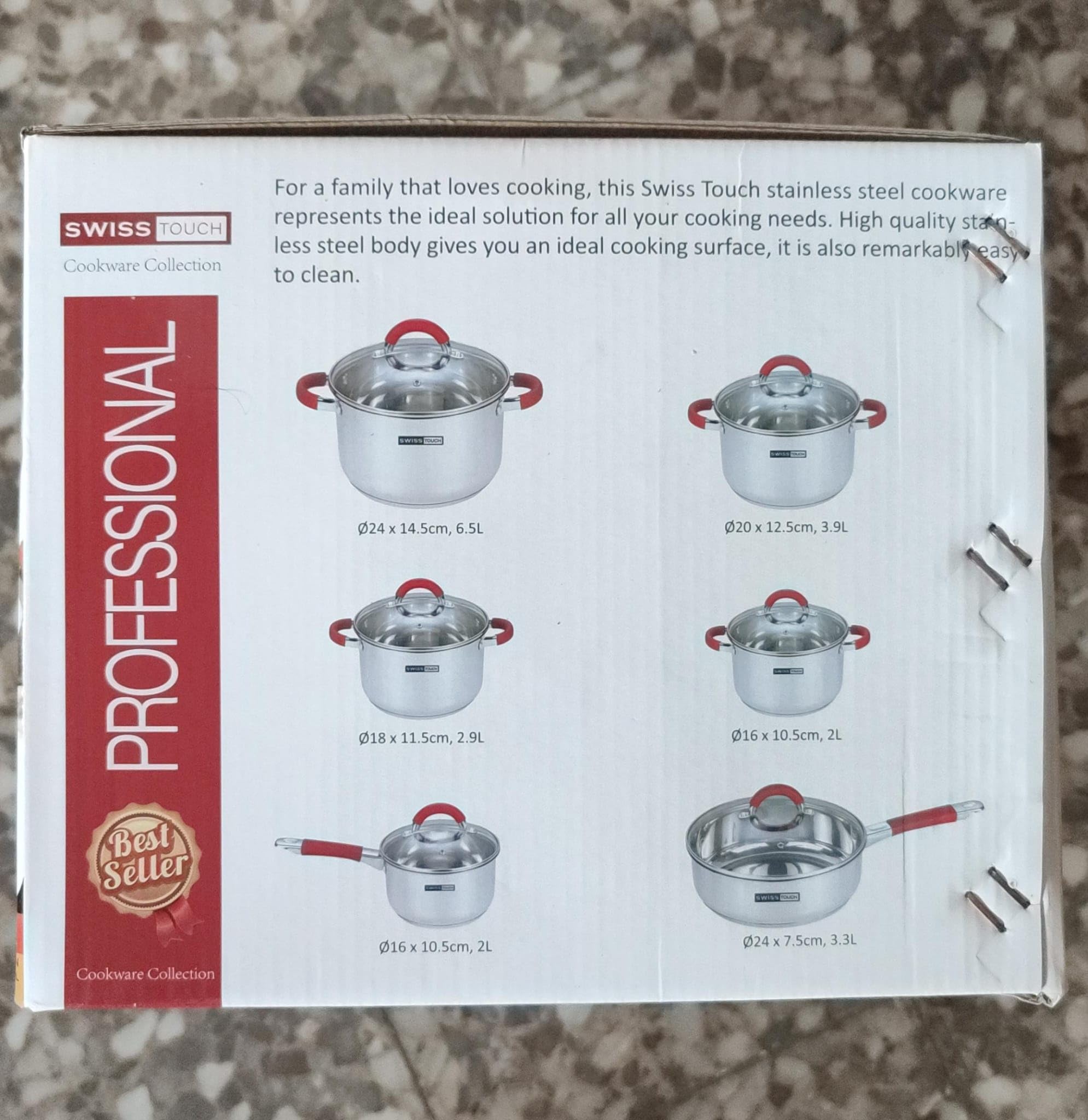 Set de cocina 12 piezas de acero inoxidable | Ollas, cacerolas y sartenes con tapas de vidrio templado | Apto para inducción, gas, vitrocerámica y eléctricas | Asas rojas antideslizantes