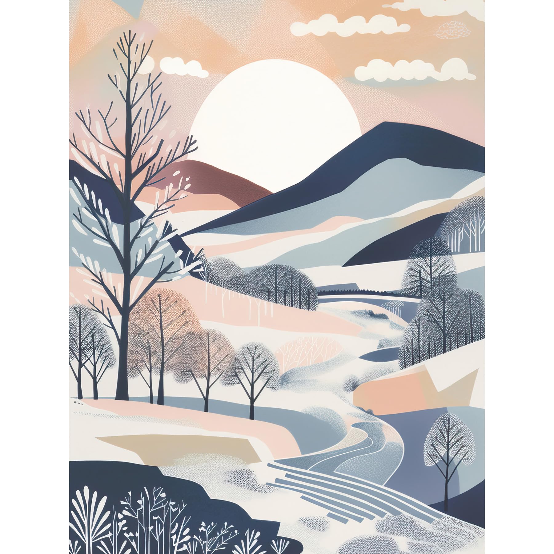 Artery8 Countryside Path in Boho Hill Winter Landscape Extra Large XL Wall Art Poster Print, Unframed Paper 24X32, 81L x 61W cm