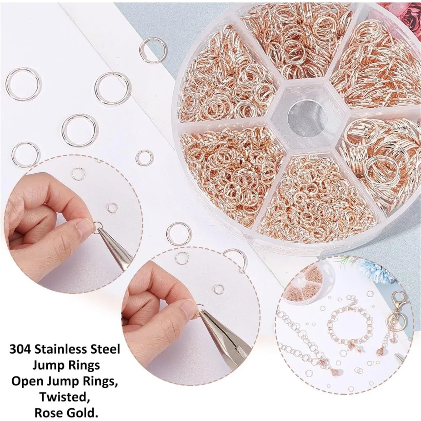 Biegeringe für die Schmuckherstellung, 4 Sets (1 Set mit 1250 Stück), Biegeringe in 6 Größen, Schmuckschlaufen, Ringverschluss, O-Verbinder, rotgoldene Glieder, offen für die Herstellung von Kit