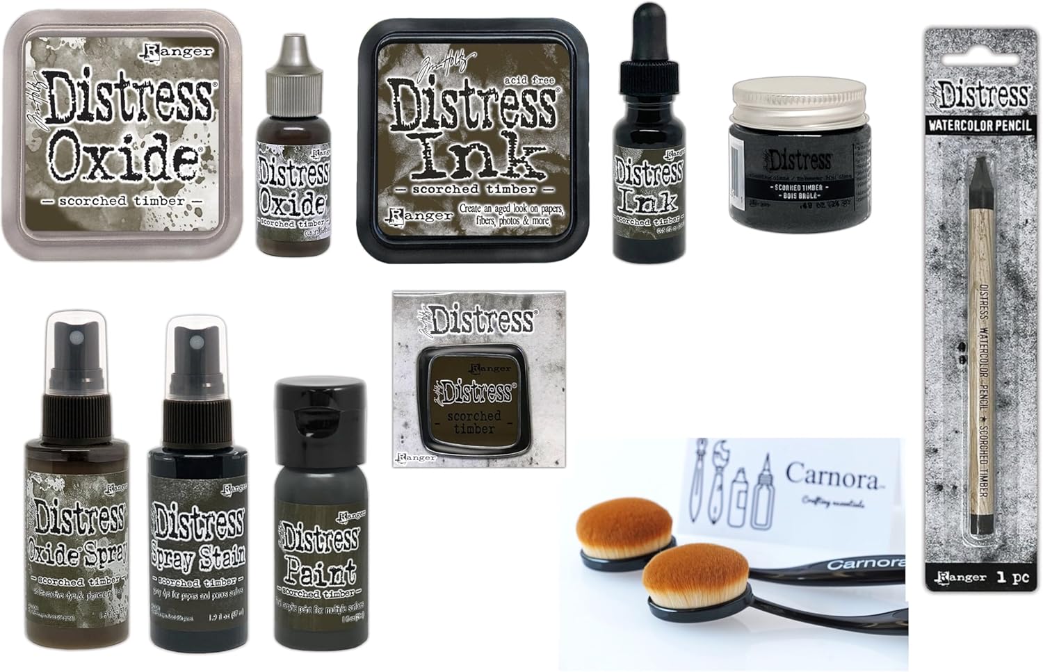 Tim Holtz Distress Scorched Timber, January 2024, Distress Ink/Oxide Ink + Reinkers, Embossing Glaze, Paint, Oxide Spray/Spray Stain, Watercolor Pencil, Enamel Pin, 2 Carnora Brushes, 12 Items