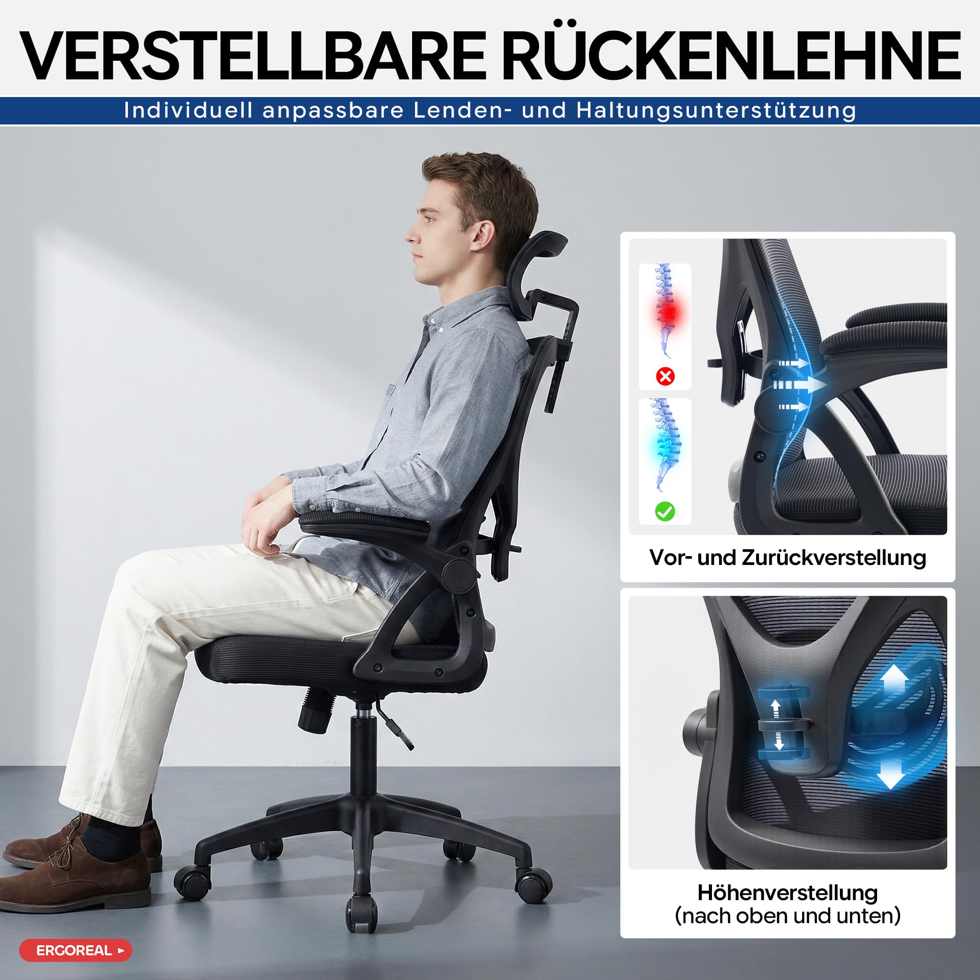 Ergoreal Ergonomischer Mesh‑Bürostuhl für Home Office, mit Verstellbarer Lendenstütze & 2D‑Kopfstütze, klappbare Armlehnen, leise PU‑Rollen, stabile Gasfeder Klasse 3, bis 140 kg(Tiefe Schwarz) - 4
