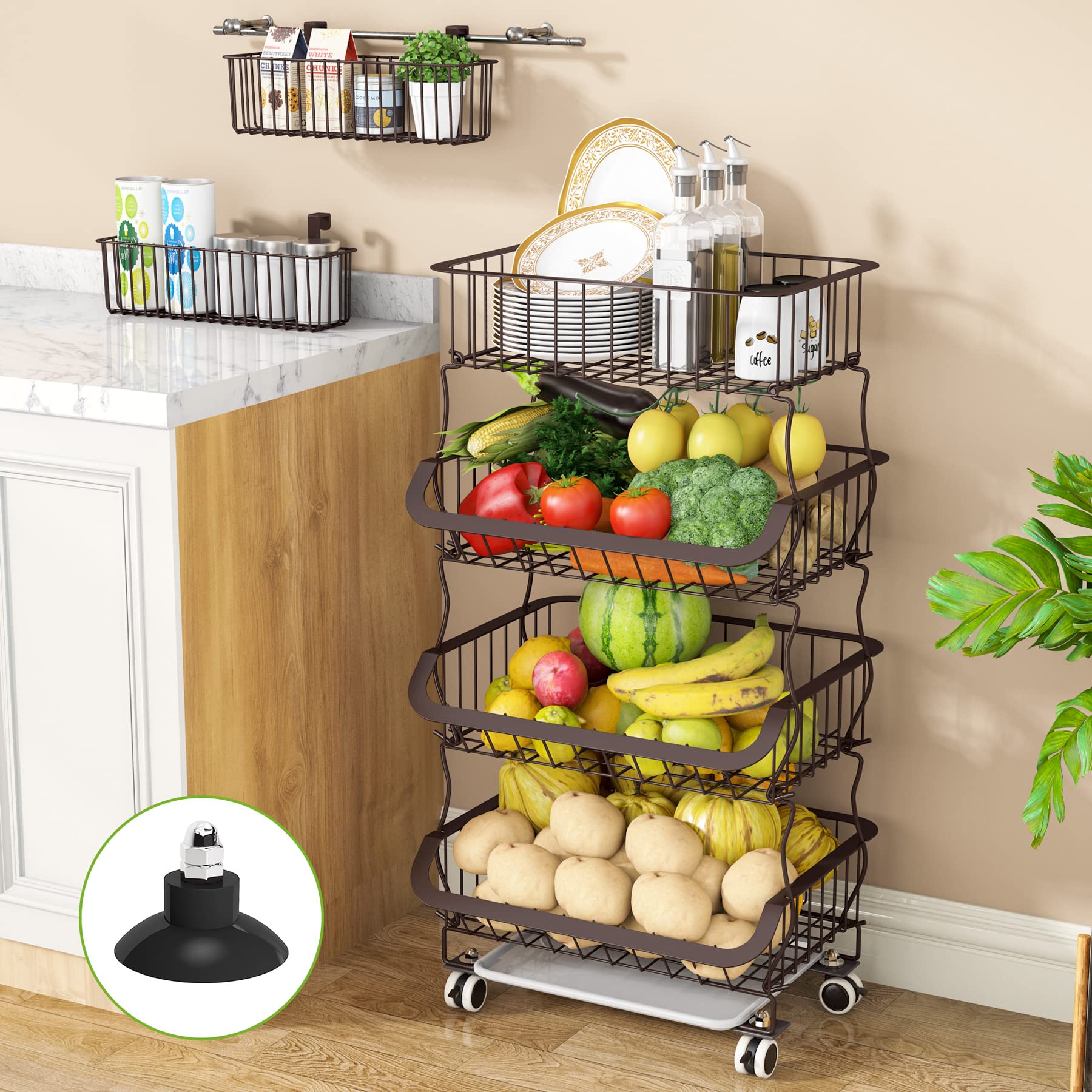 1Easylife Fruit Vegetable Basket, 4 Tier Stackable Metal Wire Basket Cart with Rolling Wheels, Utility Rack for Kitchen, Pantry, Garage, with 2 Free Baskets Copper