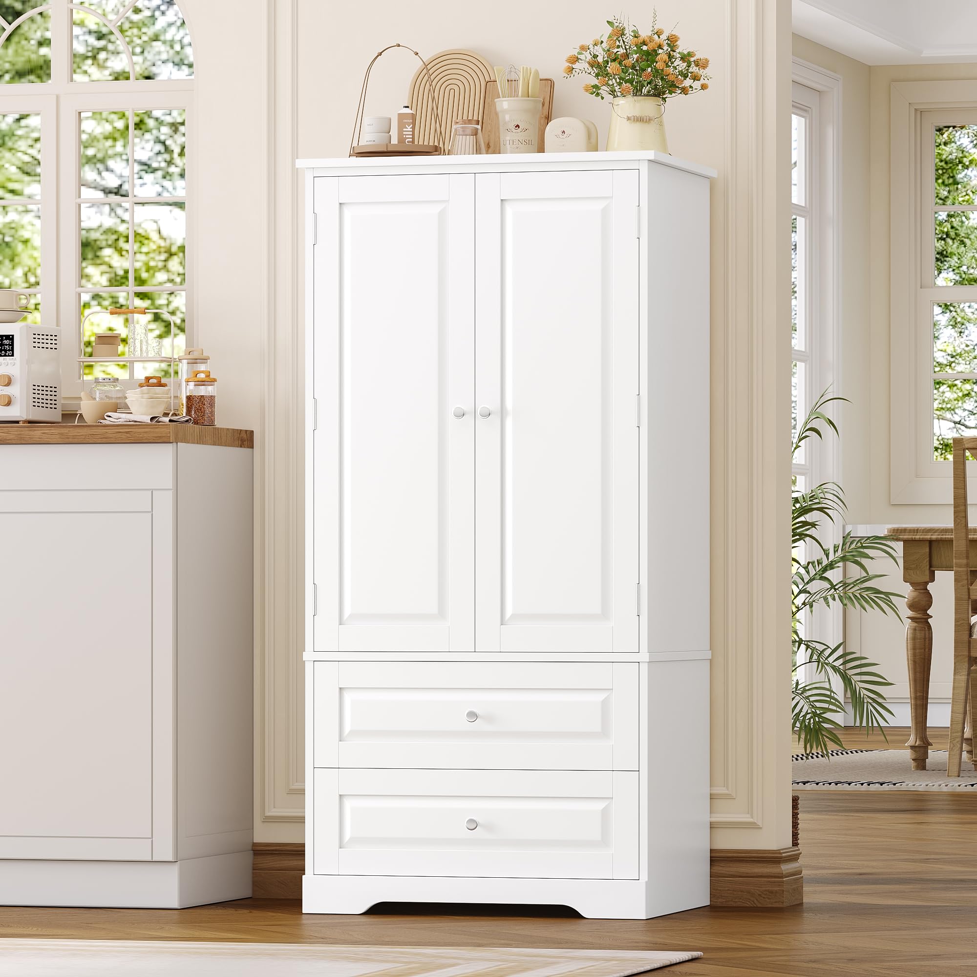 FOREHILL Küchenschrank Vorratsschrank mit 2 Schubladen und 8 Türregalen | Buffetschrank Mehrzweckschrank mit 2 Türen, für Küche, Esszimmer, Badezimmer und Wohnzimmer, 60 x 40 x 120 cm, Weiß