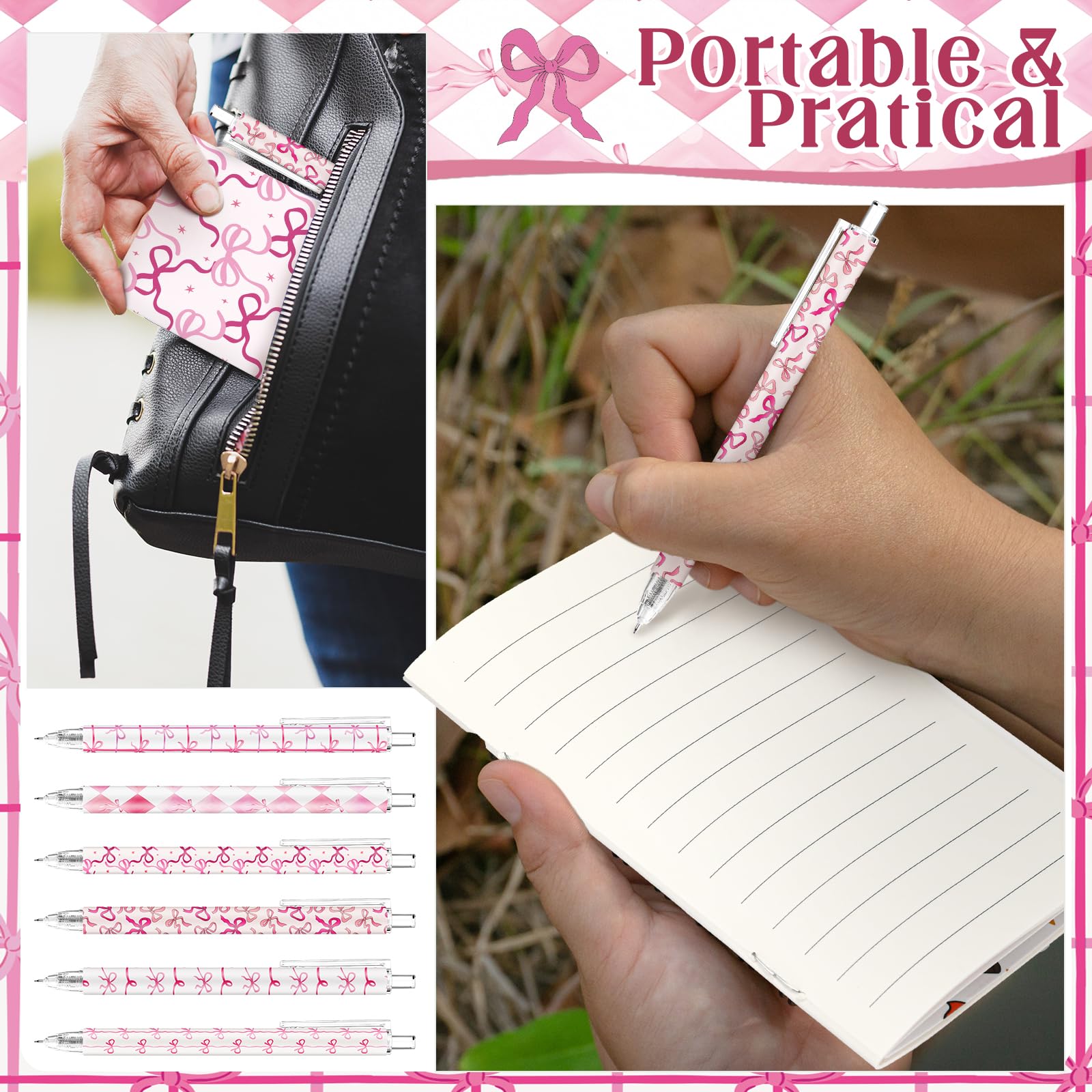 Sinload Lot de 96 blocs-notes de poche avec nœud papillon et stylos à bille, 6 styles de stylos esthétiques, pour la rentrée scolaire, le bureau, cadeau pour fille, étudiante, enseignante