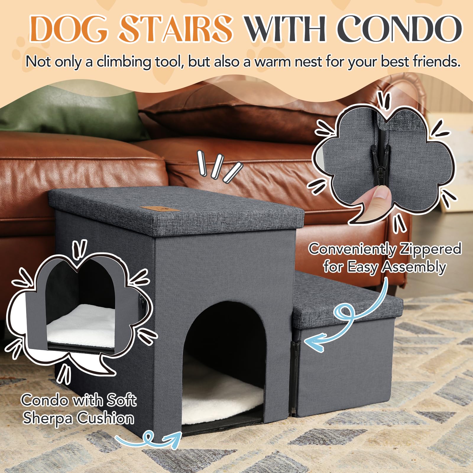 LOVTEX Dog Stairs for High Beds, Folding Pet Steps for Small Dogs and Cats with Storage and Condo, Non-Slip Dog Steps for Couch and Bed up to 22 inches(2 Steps, Dark Grey)