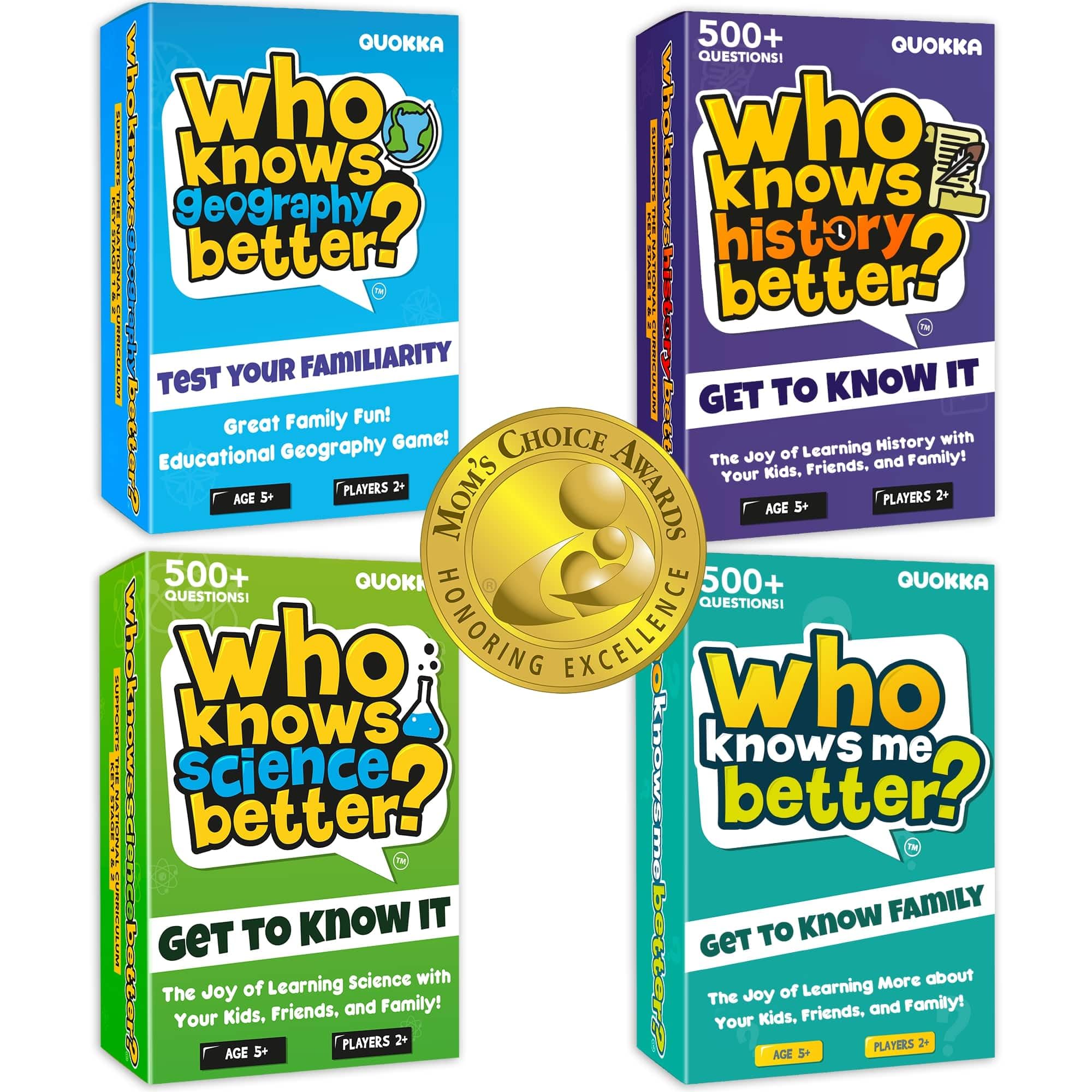 Quokka Set 4 in 1 Who Knows Better History & Geography & Science & ME Card Quiz Game - Fun & Educational Questions for Children & Families - Suitable for Boys & Girls Ages 5+
