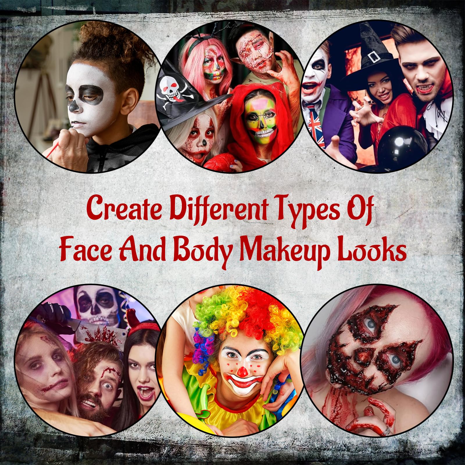 Kit de maquillaje SFX de 7 piezas de efectos especiales de Halloween, el kit de maquillaje SFX incluye 3 colores de payaso, pintura corporal y cara, cera de cicatriz, sangre falsa, espátula, cepillo 8