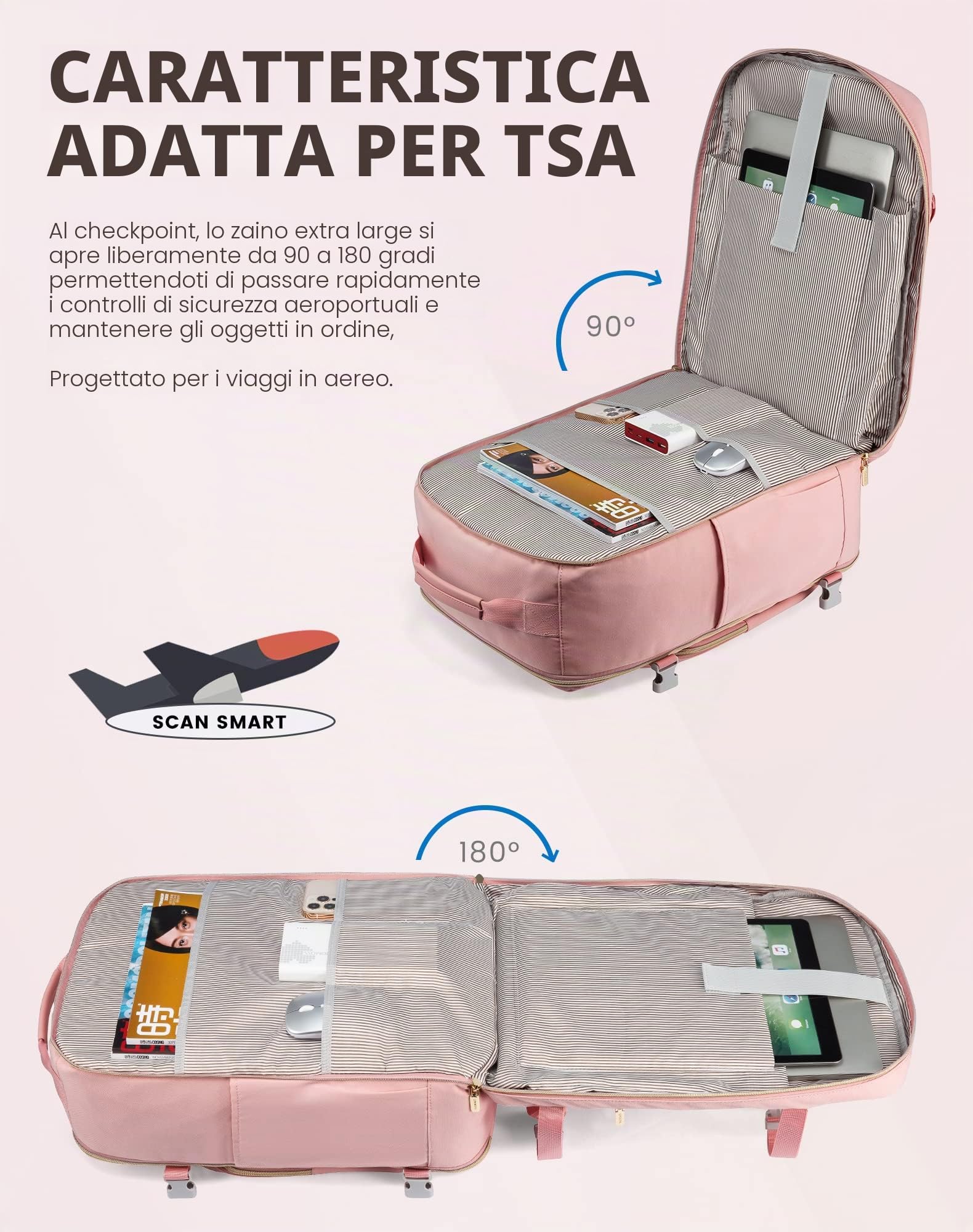 LOVEVOOK Zaino da Viaggio Aereo Bagaglio a Mano Donna Uomo Impermeabile 40L | Trolley Cabin Max per Ryanair Easyjet, Grande Porta PC 17 Pollici Valigia Borsa a Zainetto Rosa