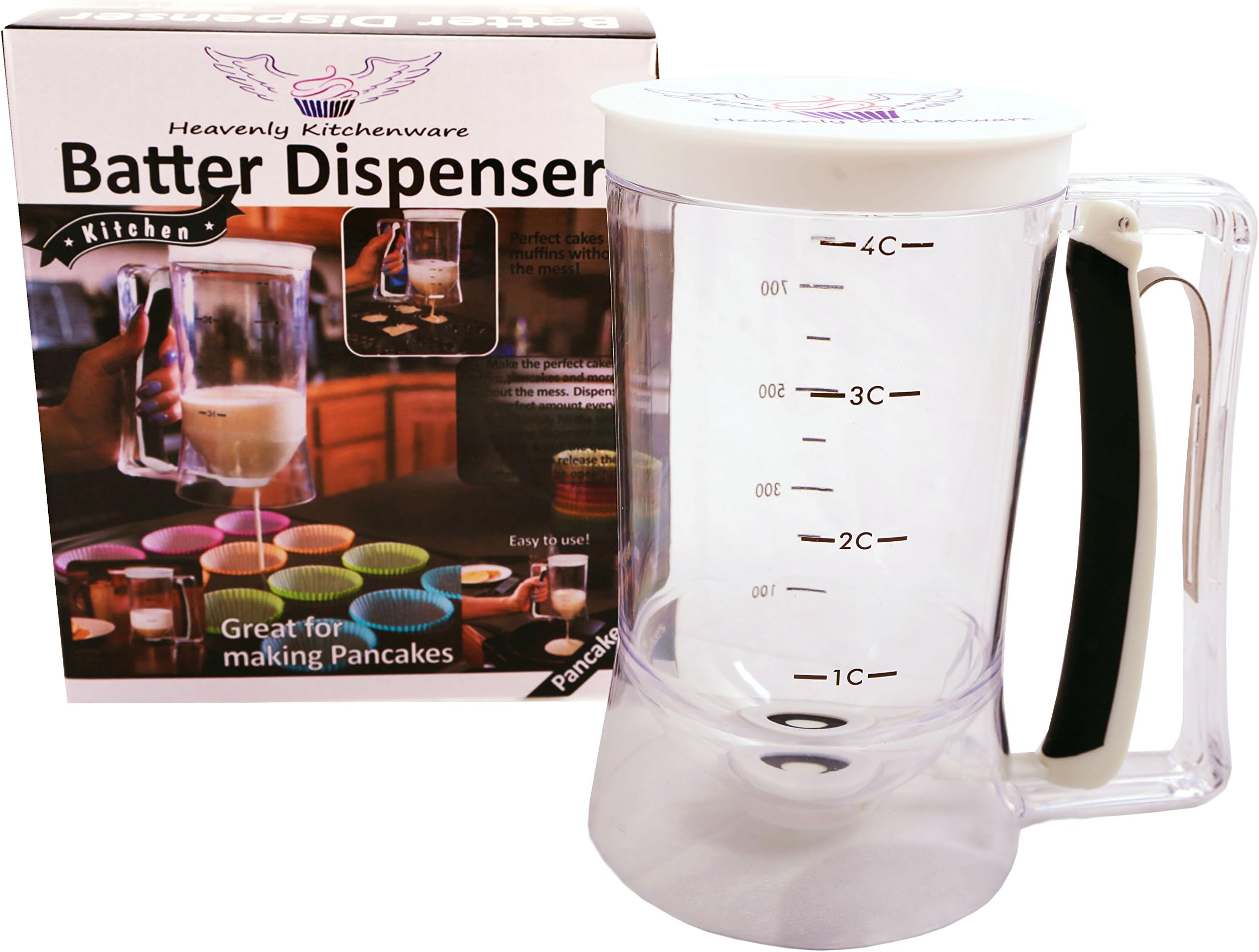 Pancake Batter Dispenser - Great Gift Ideas- Easy Pour Kitchen Batter Dispenser with Measuring Label, Perfect Food Gadgets for Pancake, Cupcakes, Waffles, Cakes, Muffins, Crepes, Donuts, Baked Goods