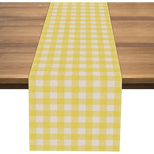 Nepnuser Linen Yellow and White Buffalo Plaid Table Runner Easter Gingham Checkered Birthday Party Decoration Farmhouse Home Kitchen Decor
