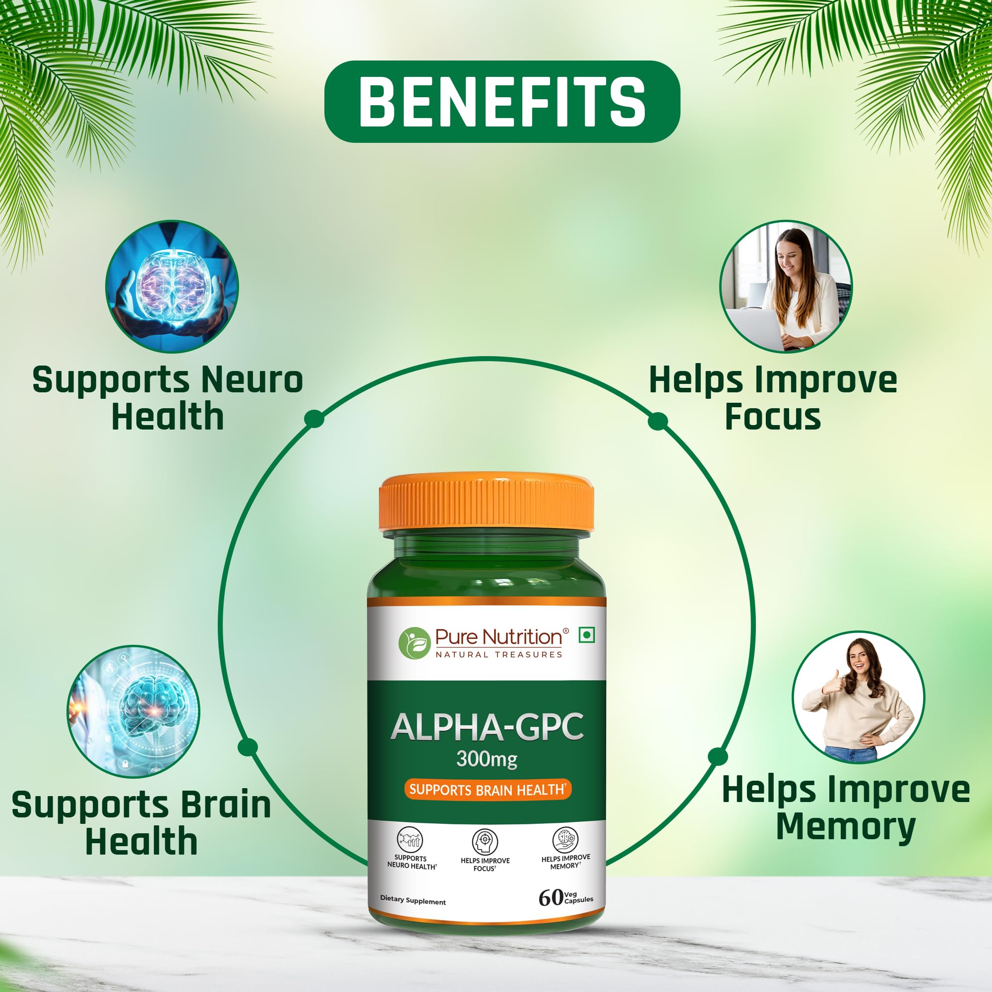 Pure Nutrition Alpha GPC (300mg) – 60 Veg Capsules | Helps to Improve Focus, Mental Clarity & Memory | Brain Health Supplement for Men & Women | Nootropic Formula - Image 3 thumbnail