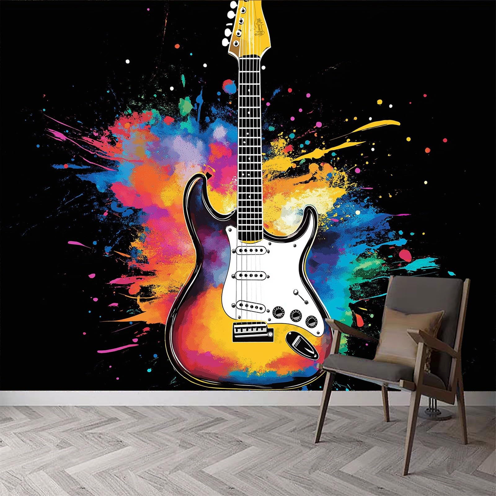 Papel pintado panorámico de arte musical pintado en pared, música instrumento rock guitarra no tejida pared, 350 x 256 cm (L x H) foto de pared para sala de estar, dormitorio infantil restaurante