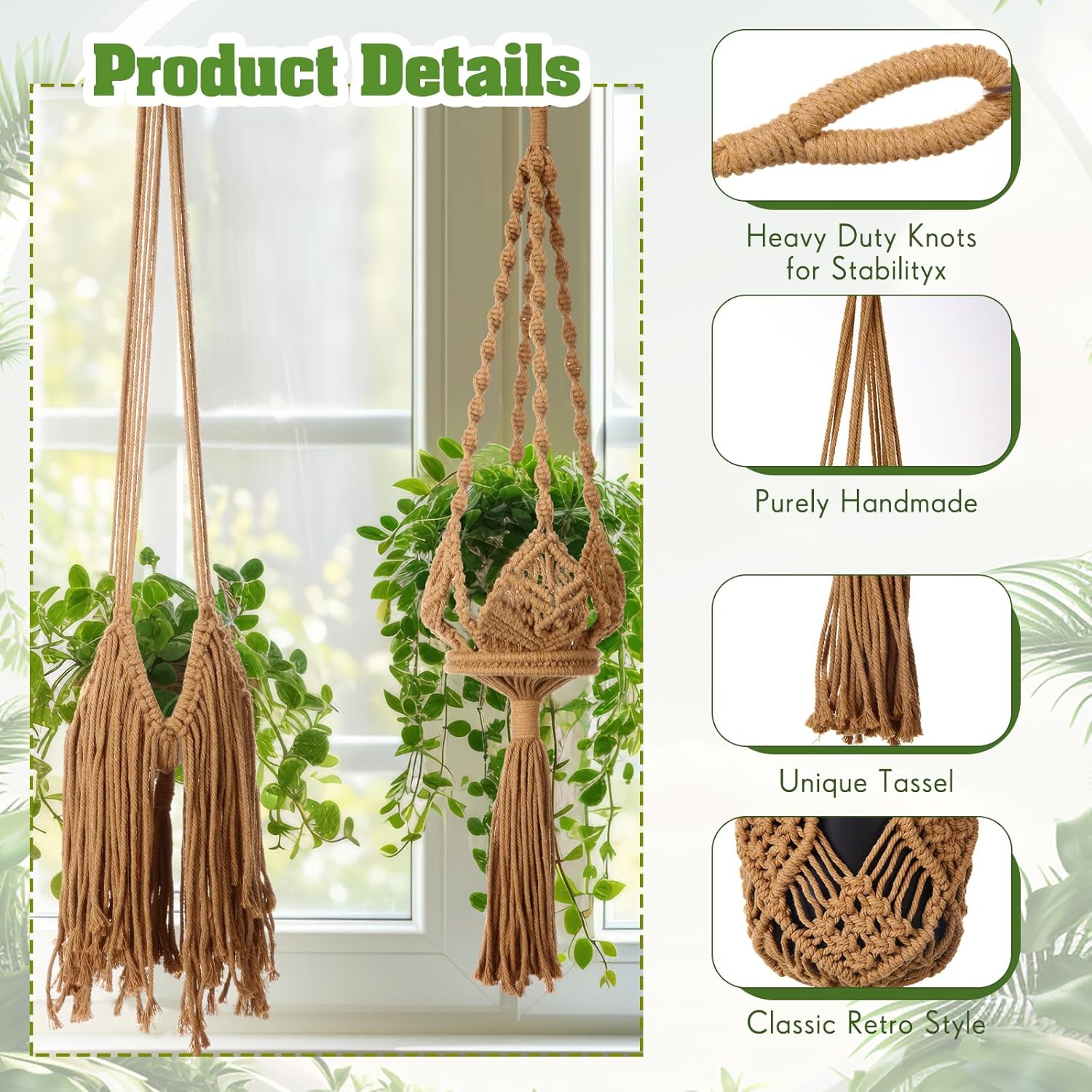 4 Packs Macrame Plant Hangers with Tassels Boho Crochet Hanging Plant Basketball for Indoor Outdoor Plant Hanger with 4 S Shaped Hooks for Home Decor Window Flower Pot(Brown)