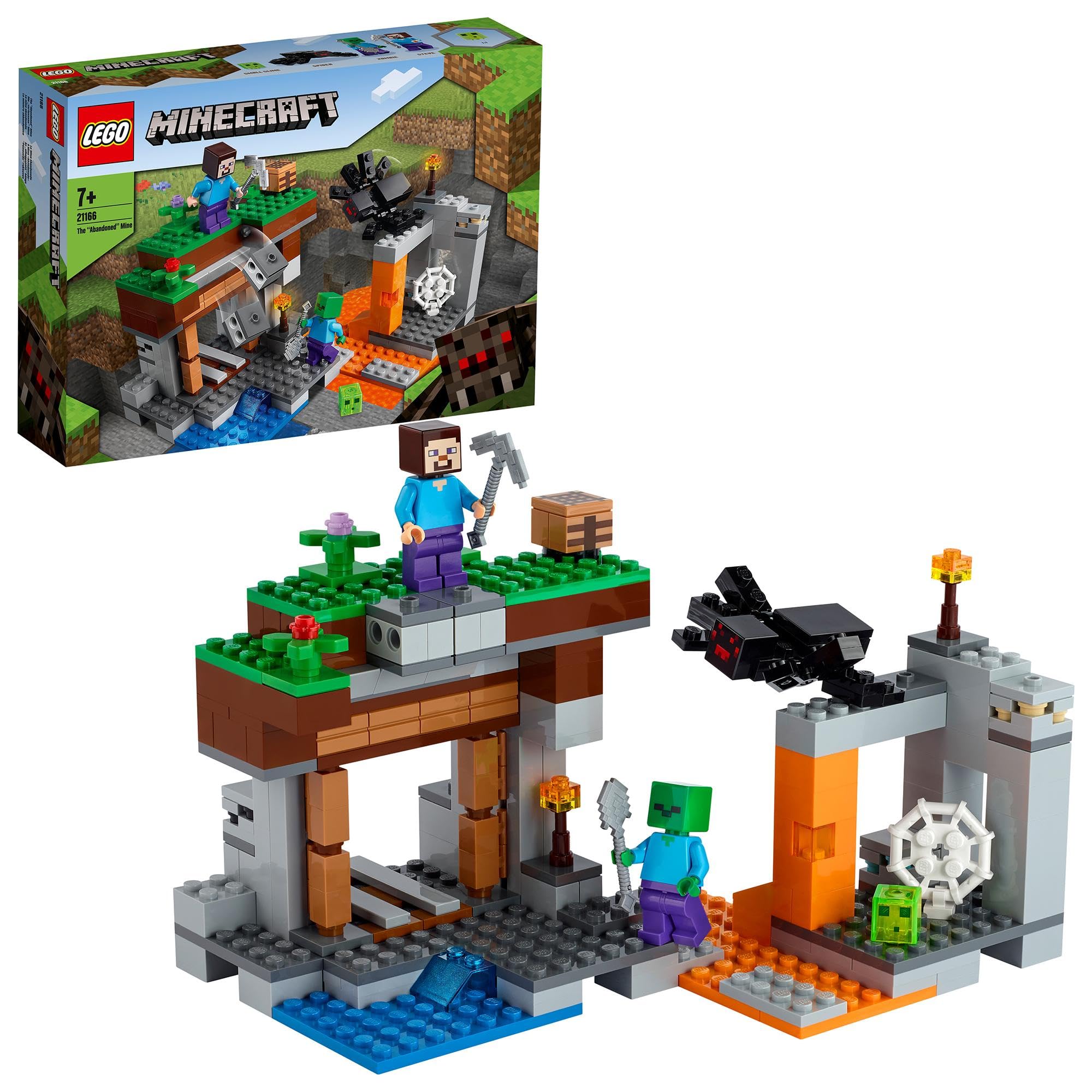 LEGO Minecraft La Miniera Abbandonata, Modellino da Costruire con i Personaggi di Steve, Zombie, Ragno e Slime, Giochi Creativi per Bambini e Bambine da 7 Anni, Fan del Videogioco 21166