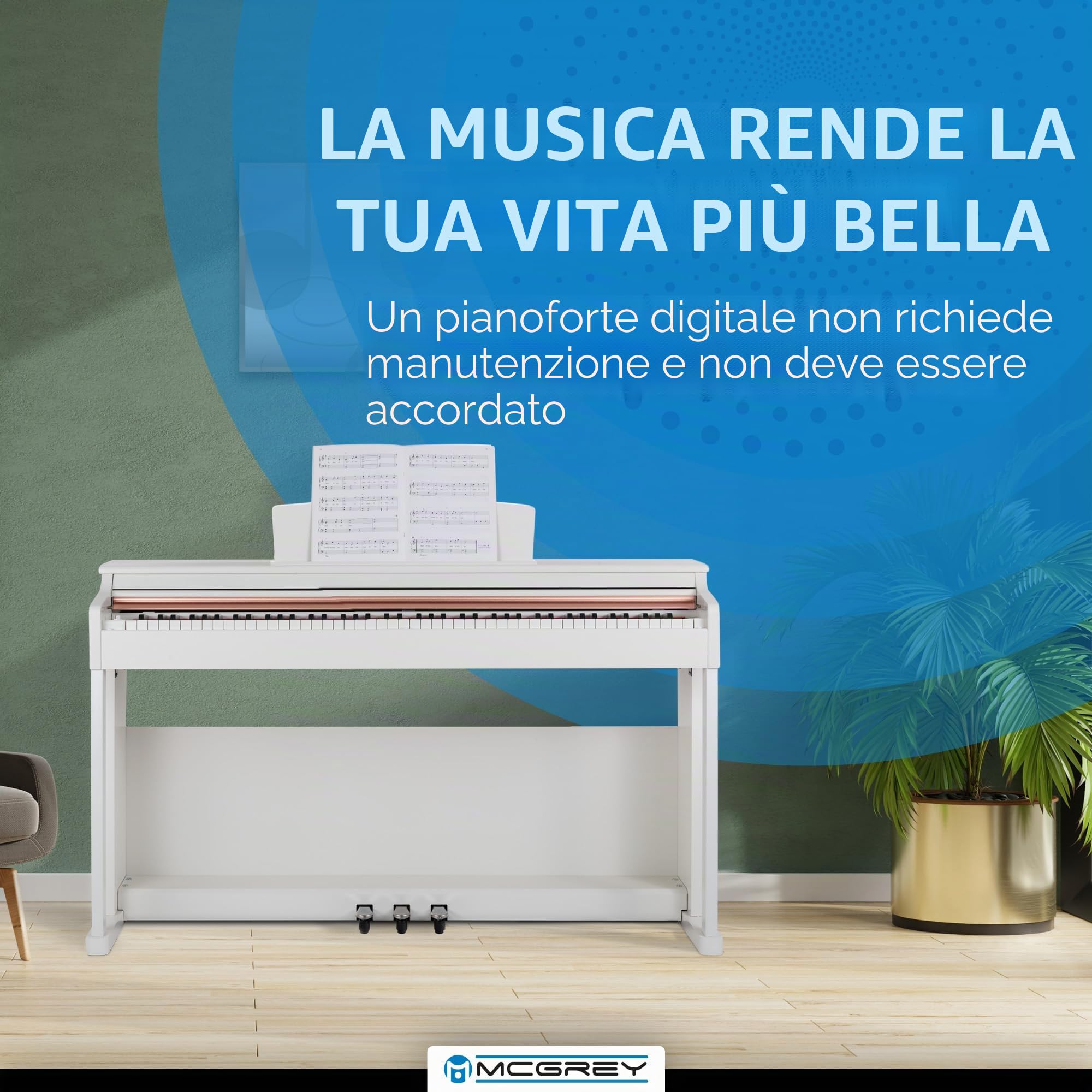 McGrey DP-19 WM Set E-Piano - 88 tasti pesati con meccanica a martello e dinamica di tocco - 8 suoni - copritastiera - incl. panca da pianoforte, cuffie e scuola di pianoforte - Bianco opaco