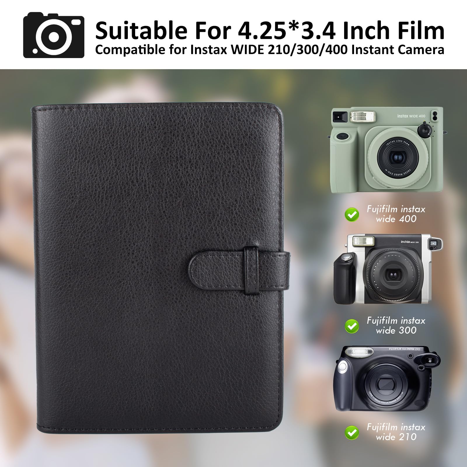 MUZIRI KINOKOO 80 Pockets Photo Album for Instax Wide EVO/Link WIDE/Wide 400 Camera Film,Lychee Texture PU Leather Album for Wide 300/Wide 210 Camera,4.25*3.4 inch Film Collection Souvenir Album-Black - Image 2
