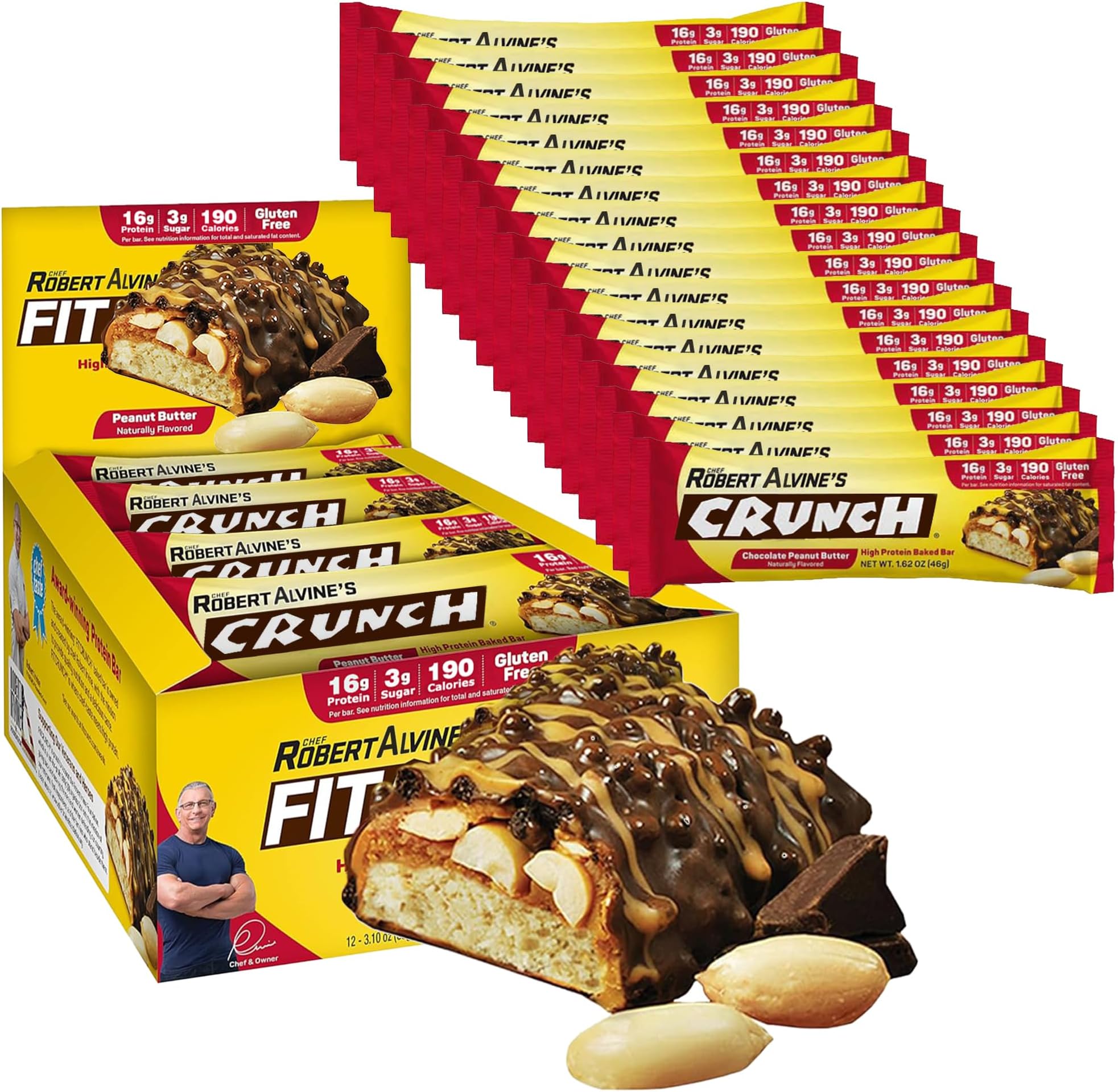 Chef Robert CRUNCH 6-Layer Baked Chocolate Peanut Butter | Low Sugar, Gluten Free & Soft Cake Core, 16g Protein, BULK (18 Count)