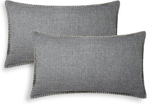 Miniatura 8 de CaliTime Juego de 2 fundas de almohada de algodón con bordes cosidos de hilo de algodón, 2 tonos, de lino rústico, para sofá, decoración del hogar,