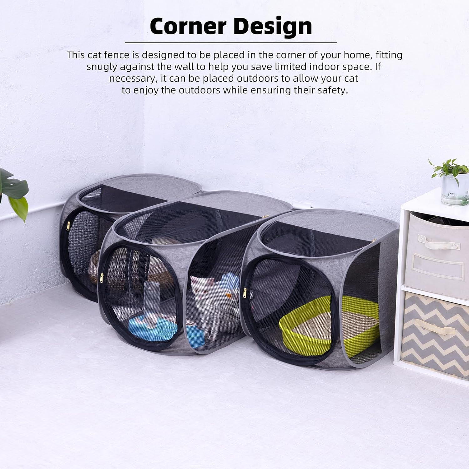 NAFU Corner Cat Playpen for Indoor Use, Pet Playpen with Litter Box Compartment, Foldable & Portable Enclosure for Kittens or Puppy, Cat Houses & Condos
