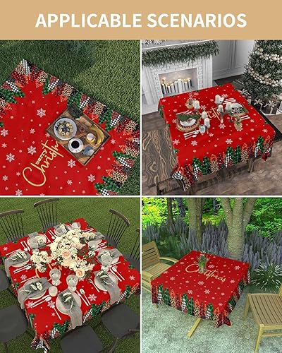 Miniatura 5 de Mantel de Navidad rojo para mesas redondas rectangulares, 60 x 60 pulgadas, mantel lavable con árbol de Navidad, manteles oblongos impermeables para