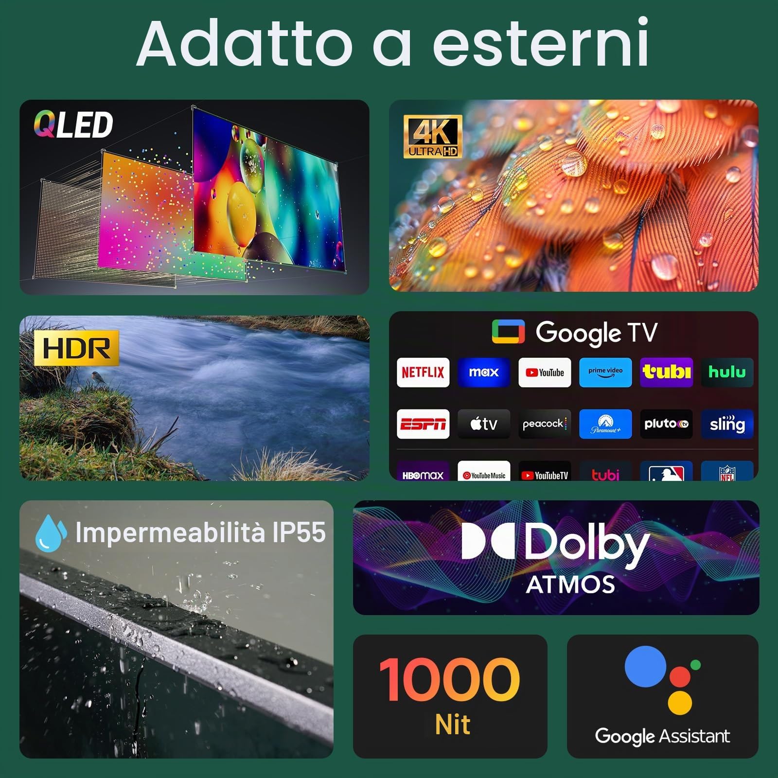 SYLVOX 75" Google TV da Esterno, QLED 4K UHD 1000Nits, IP55 Impermeabile | Outdoor TV Dolby Atmos, Tuner DVB-T2/S2/C HEVC 10, WiFi, Google Assistant, per Giardini, Terrazza (Deck Pro 2.0 QLED)