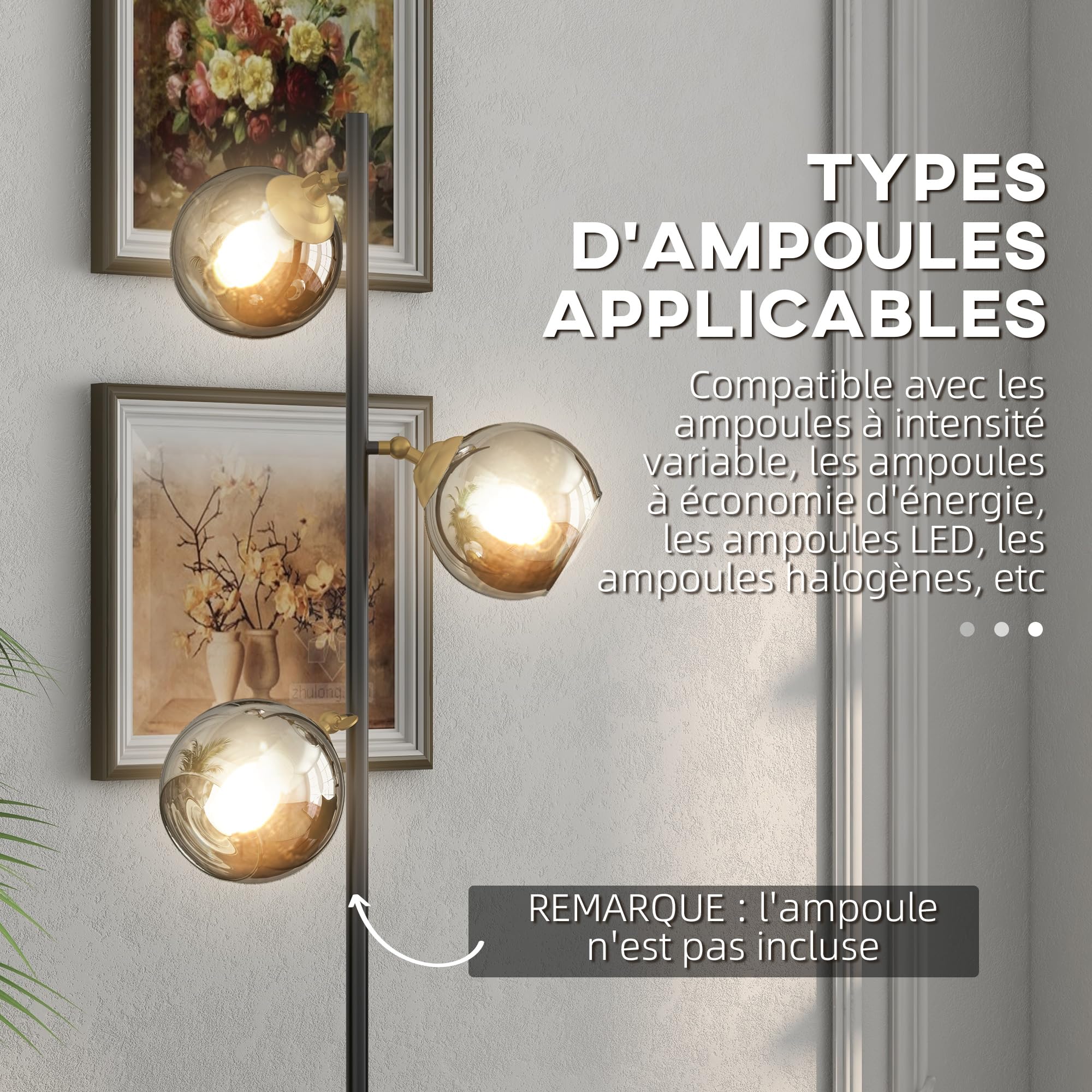 HOMCOM Lampada da Terra in Metallo ad Albero, Lampada per Soggiorno con 3 Paralumi in Vetro, Ø36x162 cm, Nero e Grigio