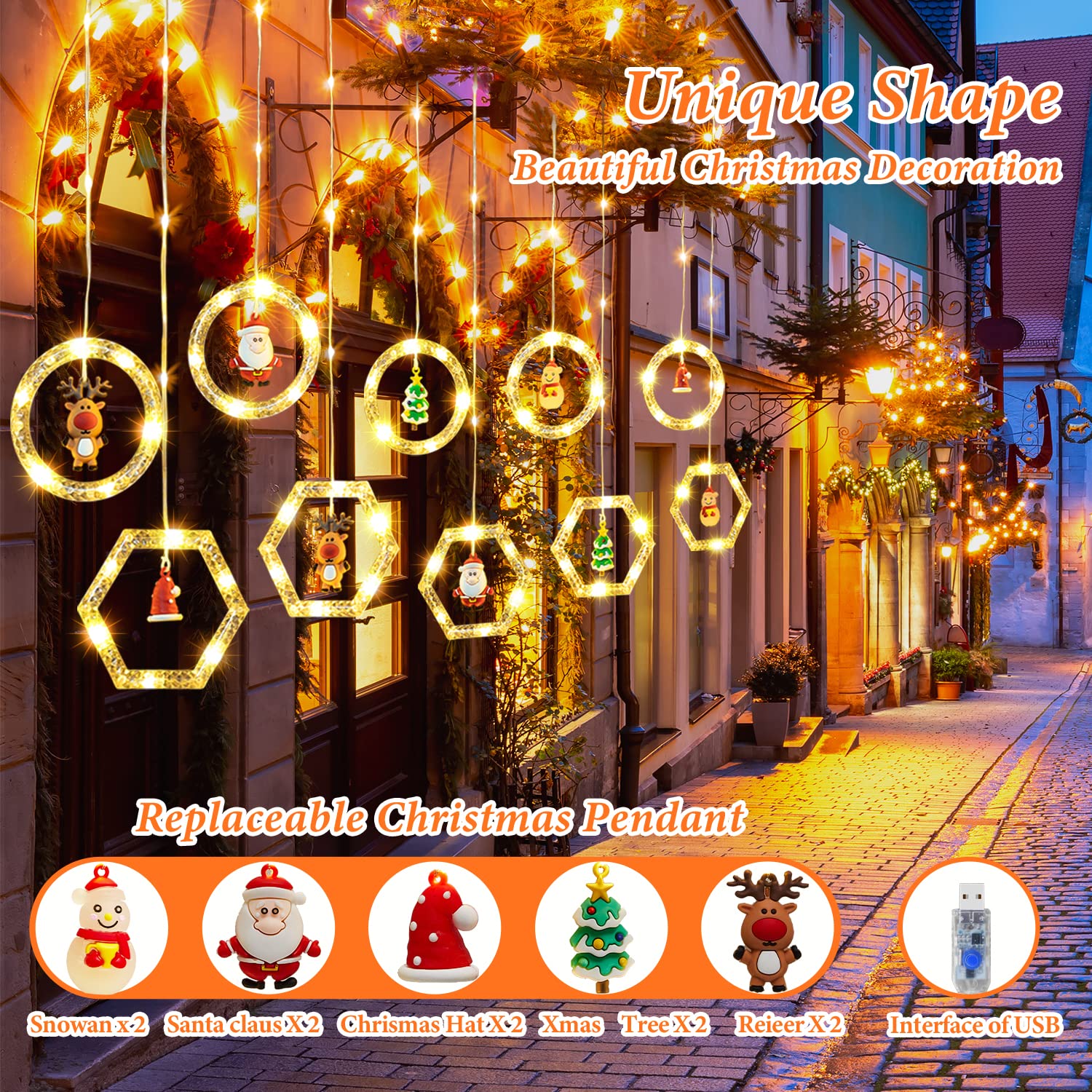 Christmas Decorations Indoor,Personalized Window Curtain Lights Christmas Decoration,10 Cute Hexagon Round Lights,USB Powered Christmas Window Decorations,Garden Decoration (Window Christmas Lights)