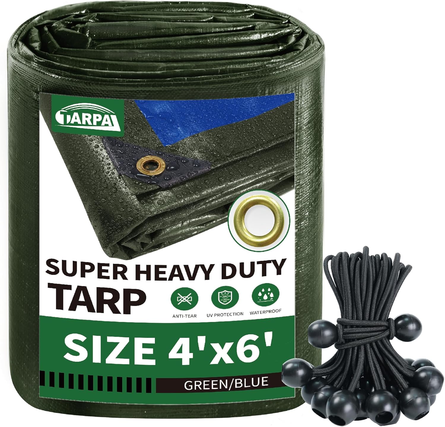 TARPAL Tarp 4X6 Waterproof tarps 16mil Heavy Duty Small tarp with Ball Bungee Cord(25Pack Combination Durable,Waterproof,Weather Proof, Tearproof for Boat,RV,Rain shelter or Pool Cover.