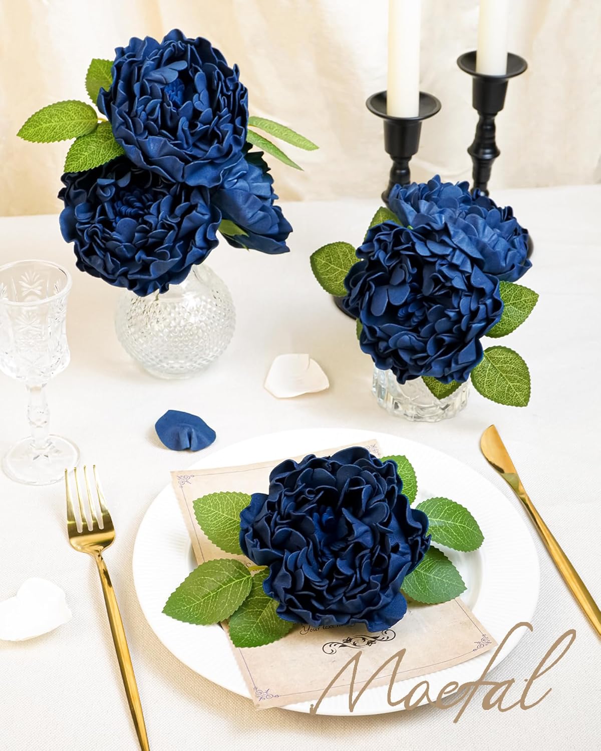 16pcs Navy Blue Artificial Peonies with Vintage Burnt Edge - Real Touch Foam Fake Peony Flowers with Stems & Leaves for DIY Wedding Bouquets, Centerpieces, Arch, Bridal Shower Decor