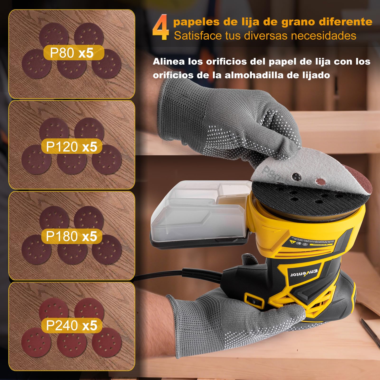 Enventor Lijadora Madera 350W, Lijadora Orbital Electrica con 6 Velocidades Variables, 6000-13000RPM, 125MM, 20PCS (80, 120, 180, 240 Grit), Lijadora Electrica para Madera y Acero
