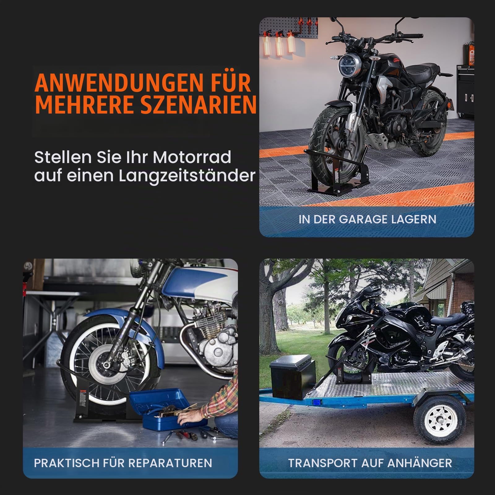 VEVOR Motorrad Radkeil, 816,5 kg Kapazität Radhalter, Hochleistungsstahl Motorrad Vorderradständer mit 3 verstellbaren Löchern, für 381–533,4 mm Off-Road Motorräder, Standard Motorräder
