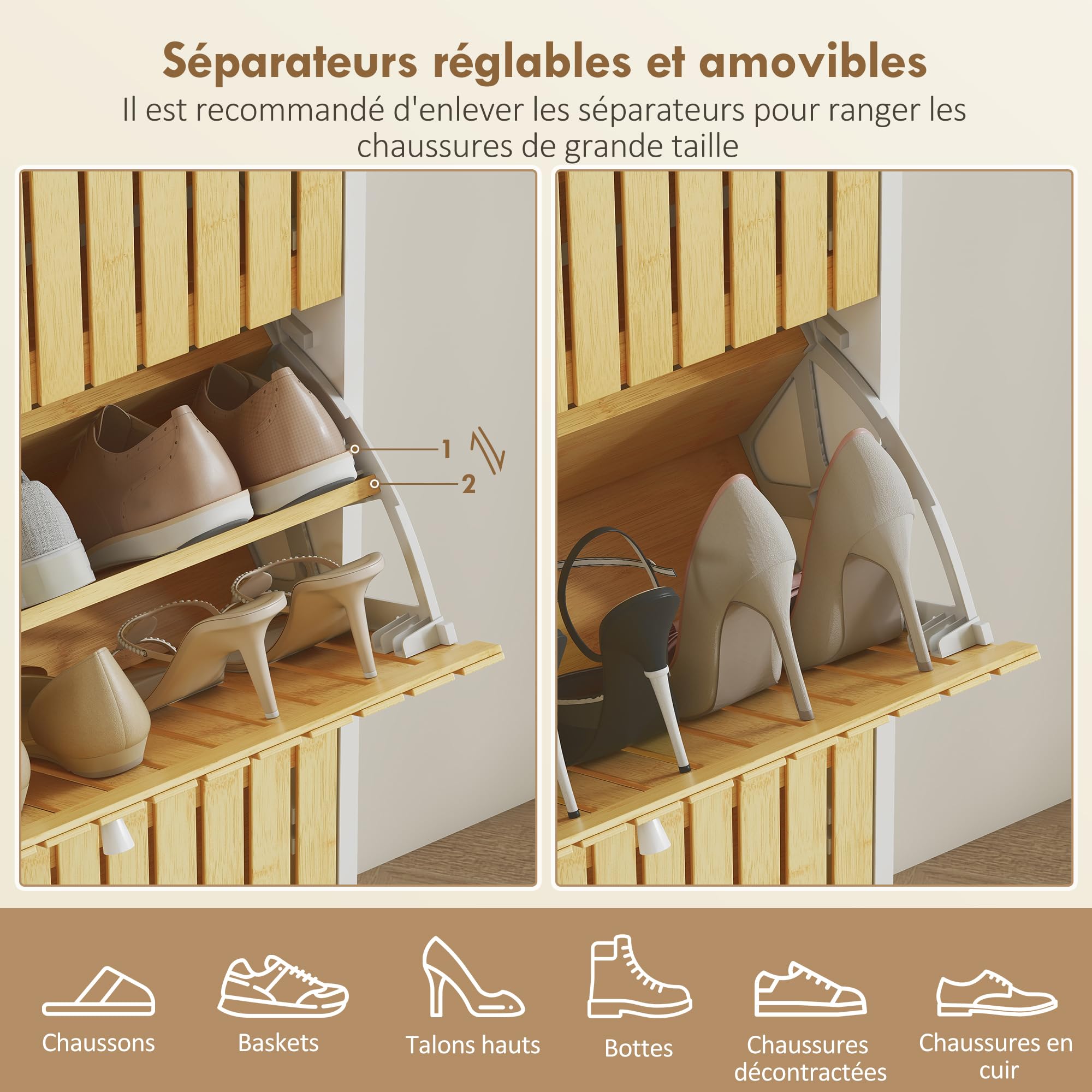 HOMCOM Meuble à Chaussures 18 Paires, 60x24x118cm Blanc et Bois Naturel
