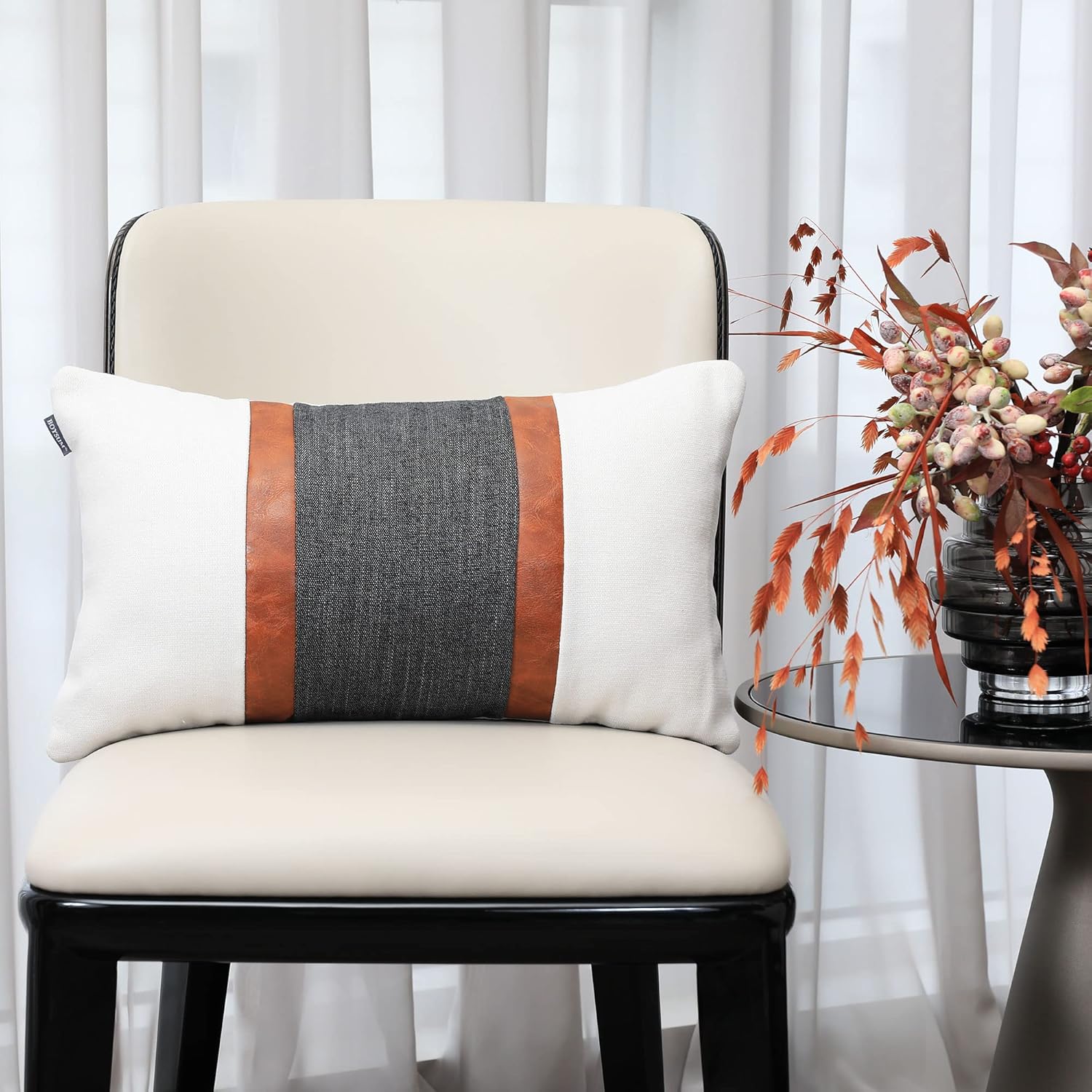BOYSUM Leather Farmhouse Pillows Cover 12x20 Inch, Beige and Dark Gray Pack of 2 Patchwork Decorative Outdoor Throw Pillow Case for Couch Chair Bedroom (Dark Gray)