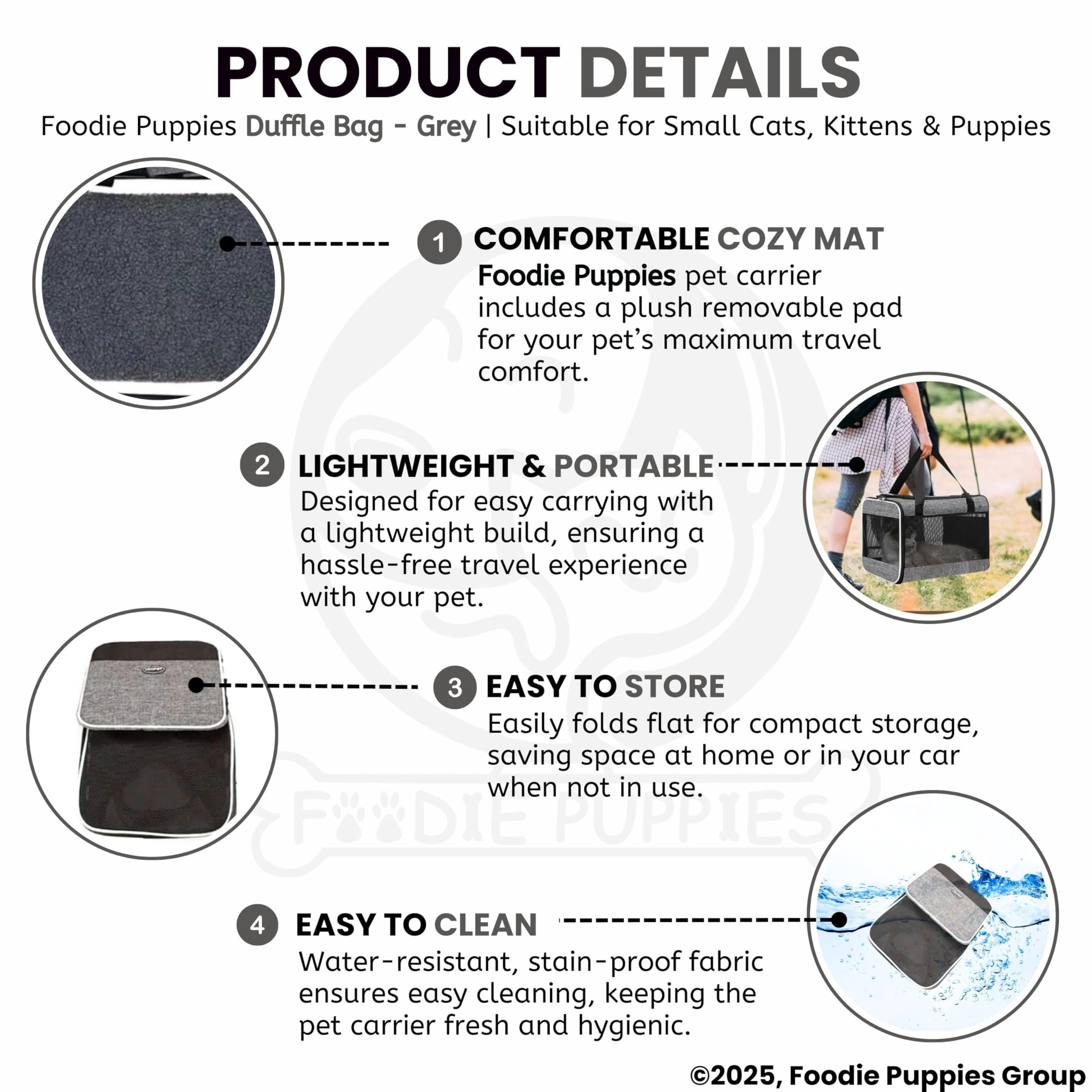 Foodie Puppies Pet Soft-Sided Mesh Pet Travel Carrier Bag - (Duffle Bag, Grey), (49x32x32cm) for Puppies, Small Dogs & Cats | Portable and Breathable Pet Carrier with Removable Fleece Pad 3