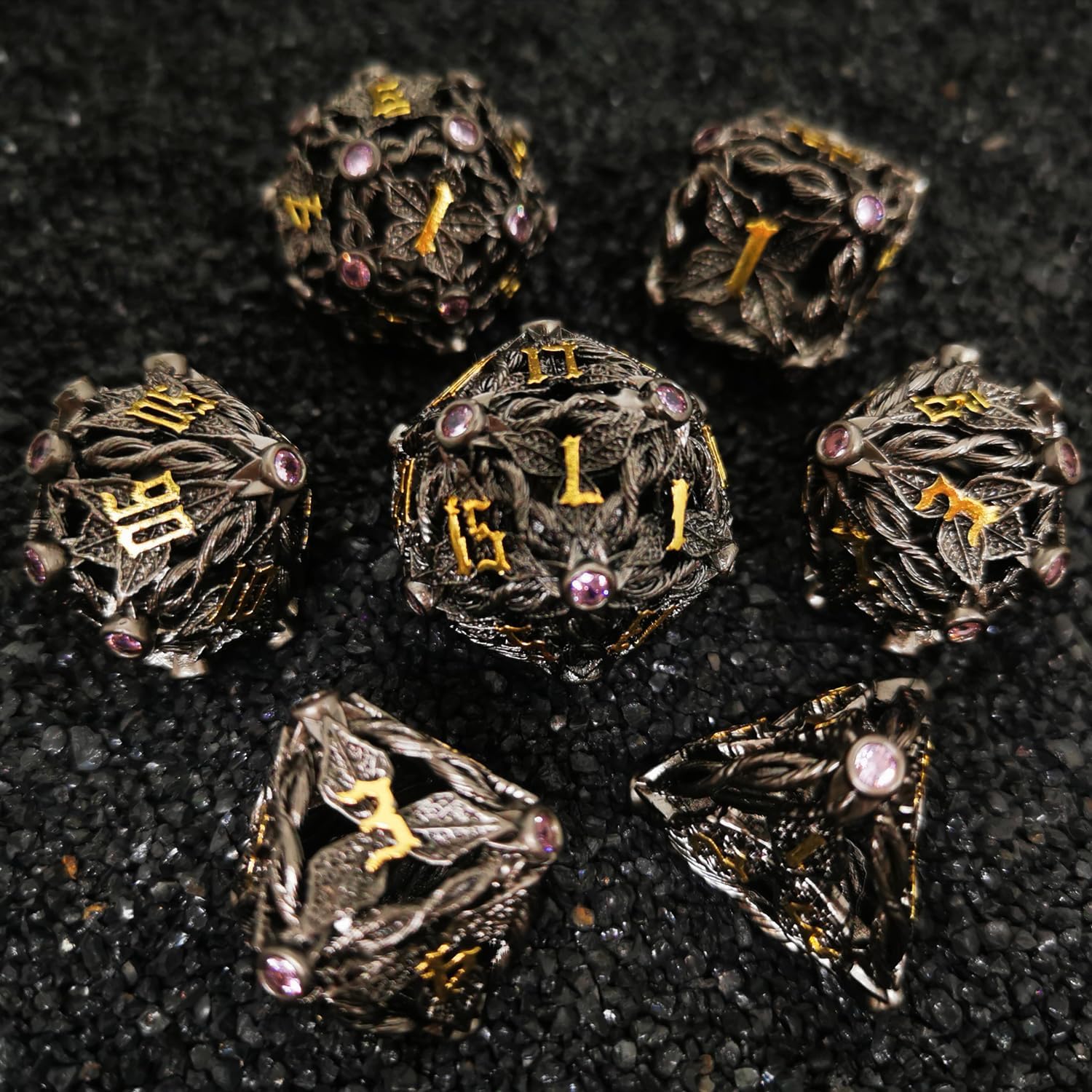 HAOMEJA Hollow Magic Vine Leaf DND Dice Set Metal Dice Set 7 Role Playing Dice D&D Dungeons and Dragons Dice (Black + Purple Gem)