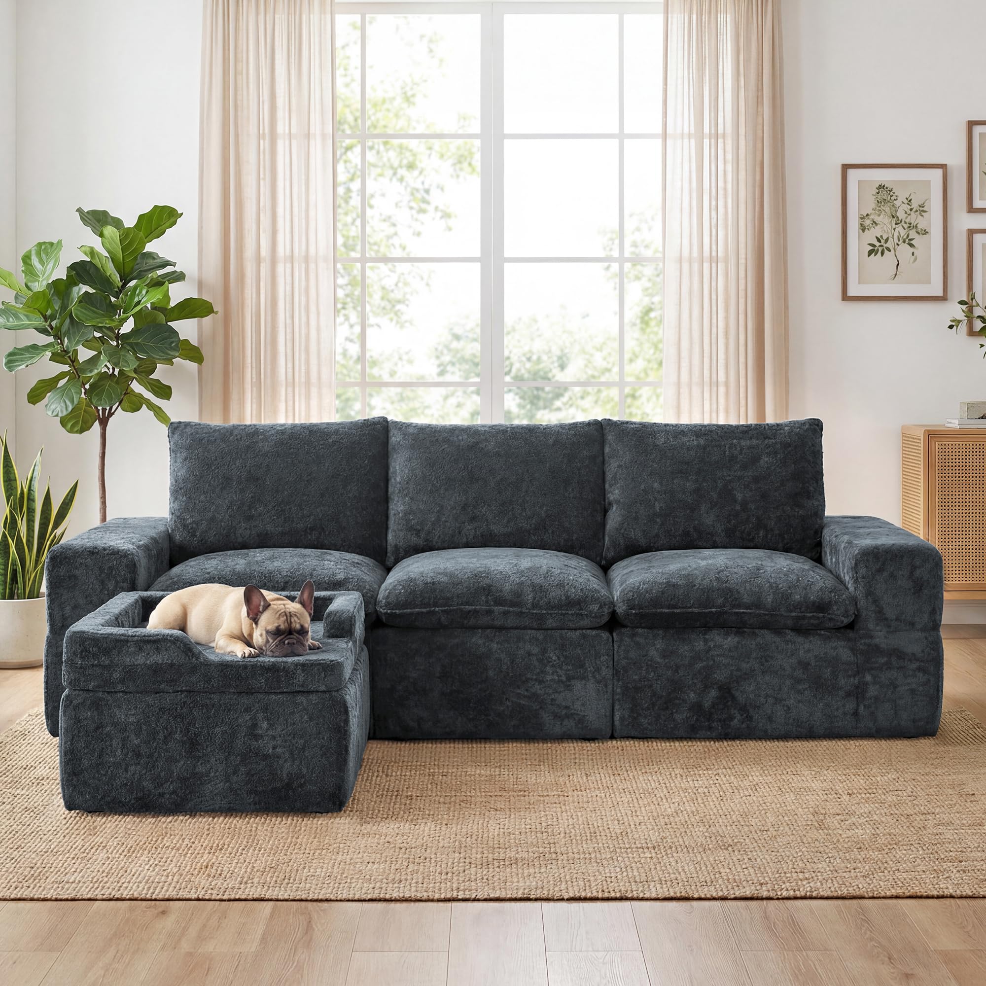 MONVANE 102 inch Modular Sectional Sofa in Charcoal Grey with Dog Seat