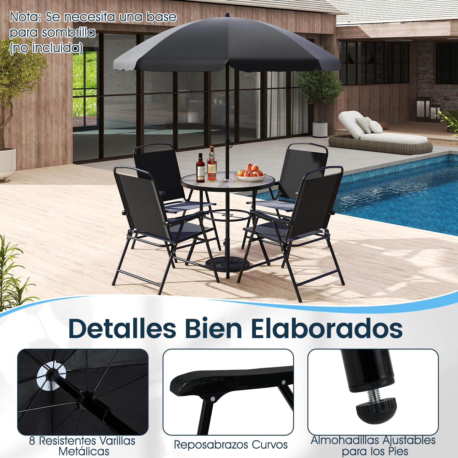COSTWAY Conjunto Jardin Exterior de 6 Piezas, Mesa Redonda de Vidrio Templado, 4 Sillas Plegables con Brazos y Sombrilla, Muebles Comedores Jardin Terraza Balcon Exterior