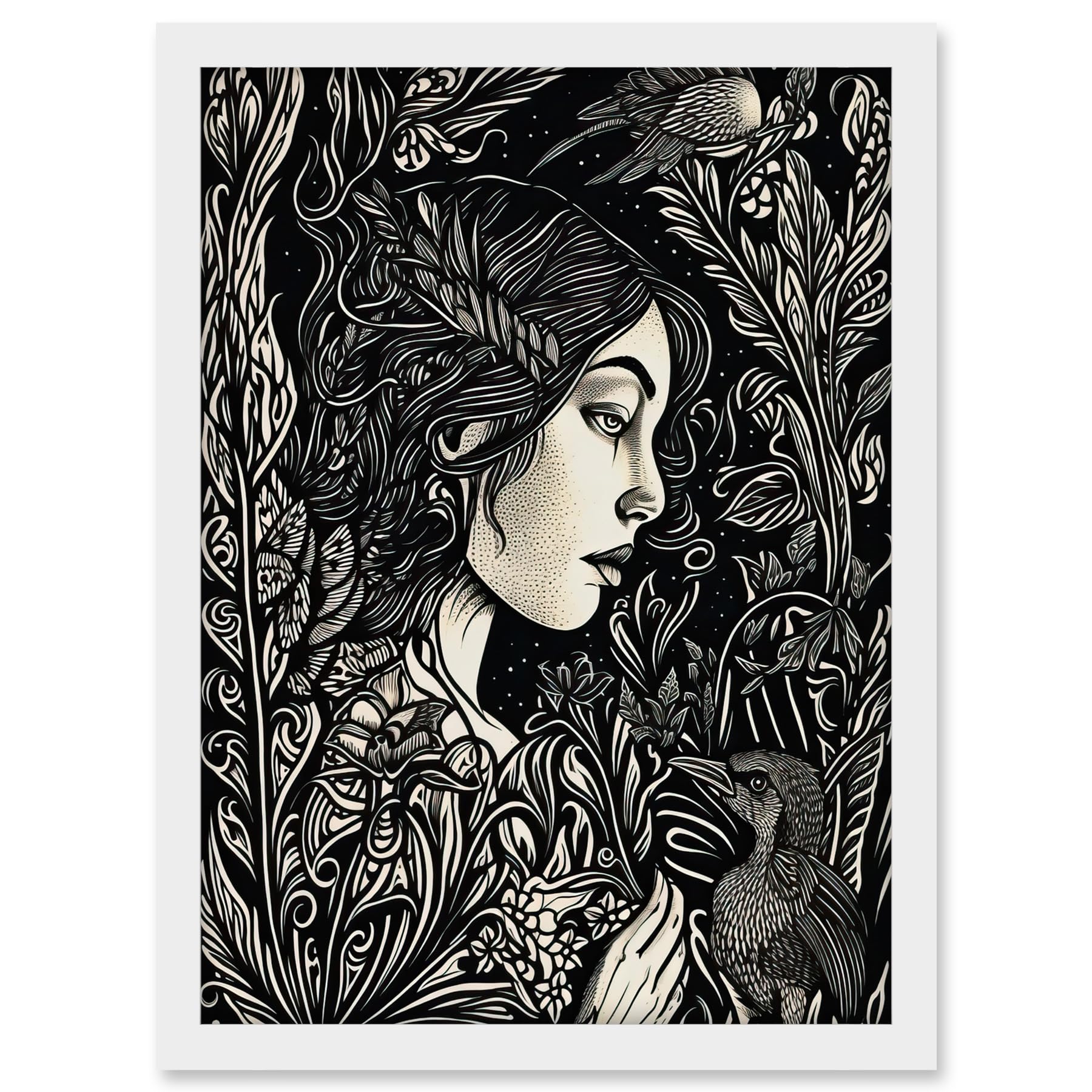 Artery8 Woman with Crow in a Field Black and White Linocut Artwork Framed A3 Wall Art Print