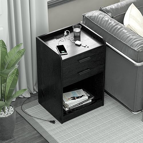 Miniatura 2 de Mesas de noche, mesita de noche LED con estación de carga, mesa auxiliar pequeña de madera con cajón para dormitorio, sala de estar, color negro