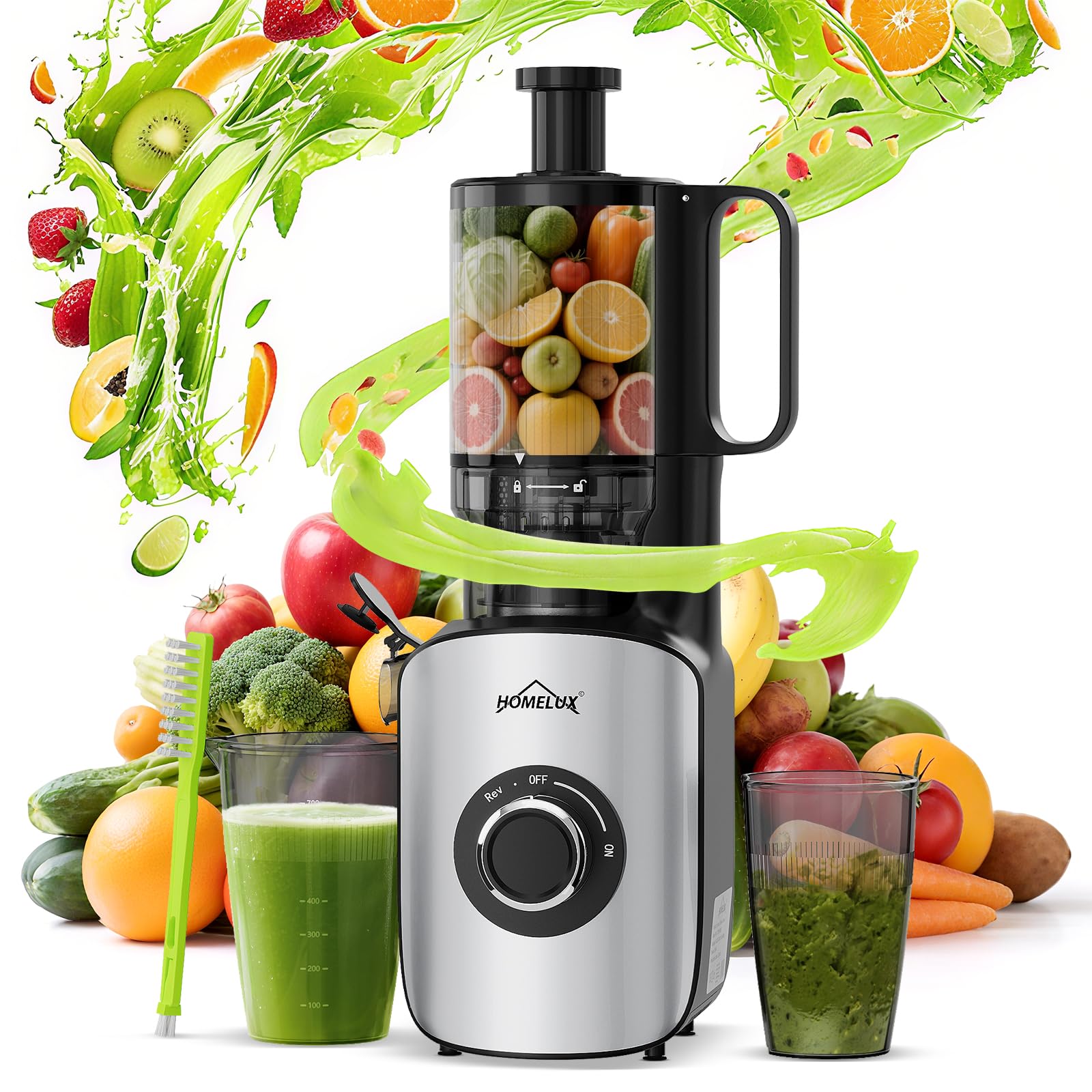 HOMELUX Sokowirówka 220 W Slow Juicer, 126 mm, otwór wlotowy do całych warzyw i owoców, elektryczna wyciskarka z 2 filiżankami, szczotka do czyszczenia, nie zawiera BPA, łatwa do czyszczenia, srebrna