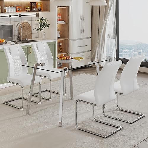Miniatura 4 de Mesa de comedor de vidrio para 4-6, parte superior de vidrio rectangular transparente, mesa de cocina moderna de vidrio templado de 51 pulgadas con
