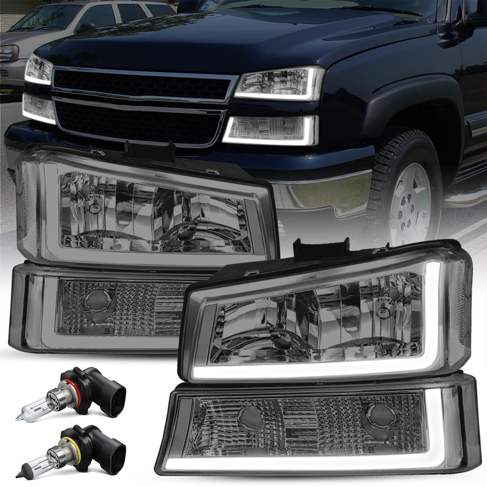 SOCKIR 4pcs w/LED DRL for 2003-2006 Chevy Silverado/Avalanche Headlight Assembly 1500 2500 HD 3500 07 Classic Model Smoked Lens Clear Reflector with