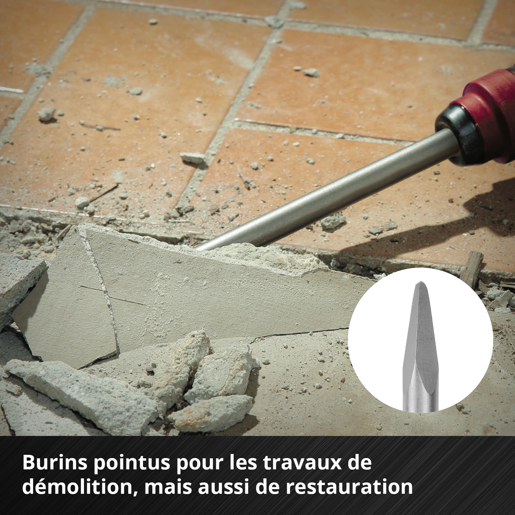 Original Einhell Set de 3 burins SDS Max, 400 mm (burin pointu, burin plat de 25 mm de large, burin bêche de 40 mm de large en acier 40Cr durable pour les travaux de démolition et de rénovation)