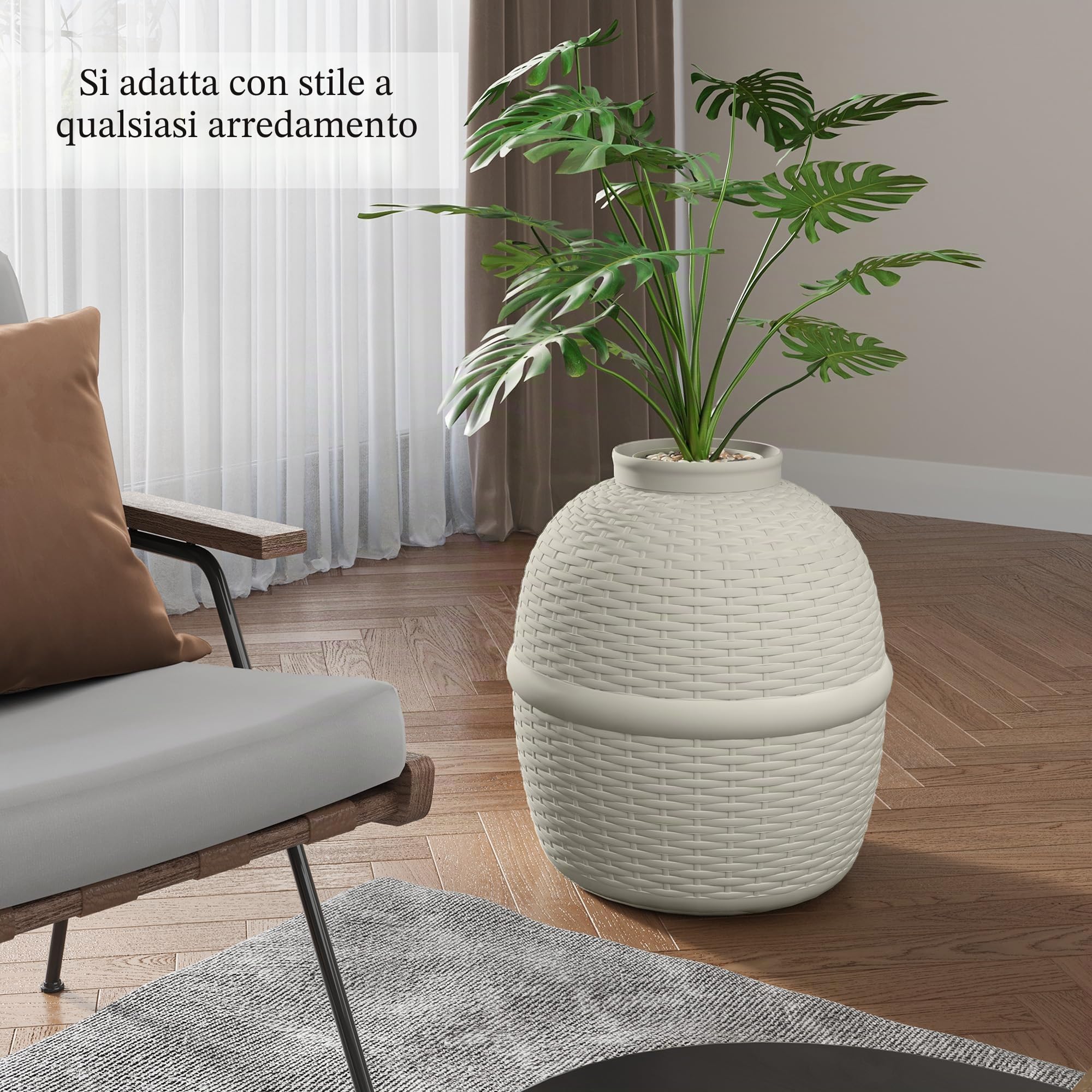 SUNVIVI Scatola per Lettiera Nascosta con Falso Pianta, Grande Scatola per Lettiera con Motivo in Rattan, Scatola per Lettiera Robusta per Arredamento Domestico, Bianco Sporco