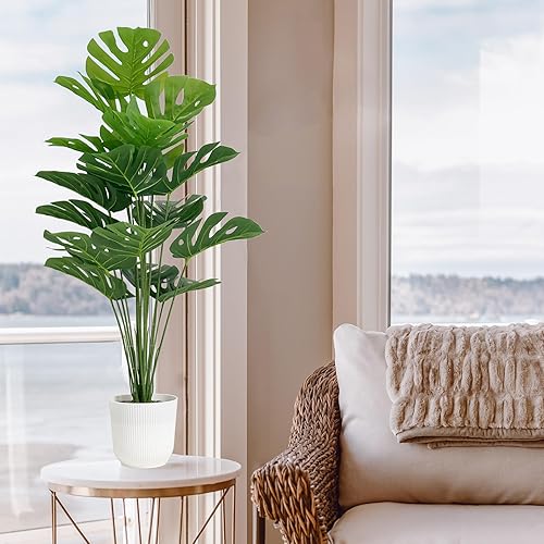 Miniatura 2 de SAJANDAS Juego de 2 plantas artificiales Monstera Deliciosa en macetas, palmeras tropicales falsas con hojas verdes y tallos, plantas artificiales